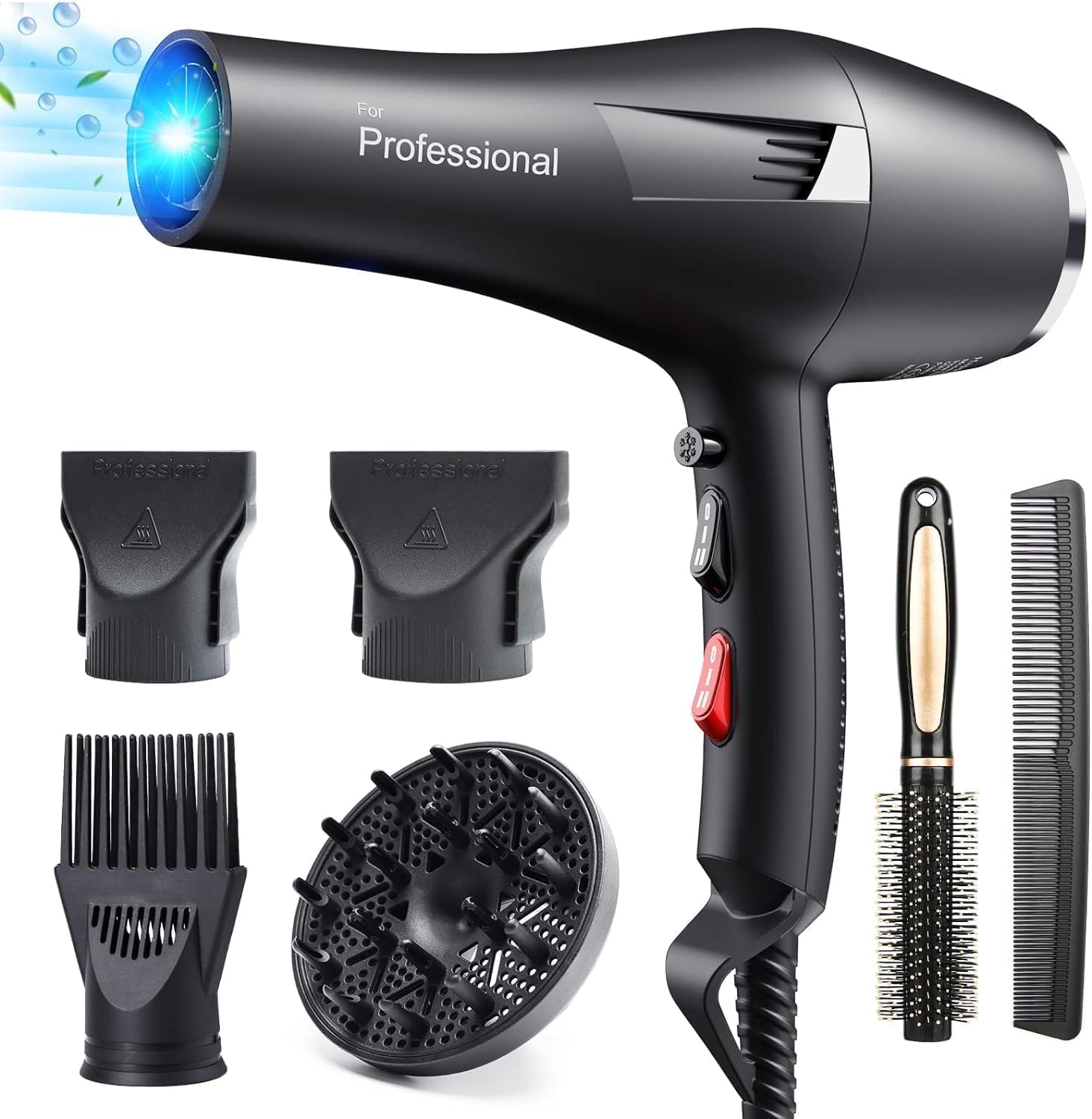 HappyGoo Secador de pelo de iones profesional, secador de pelo con 1 difusor, 2 boquillas de peinado, 3 niveles de calor y 2 velocidades, secador de pelo (Black)