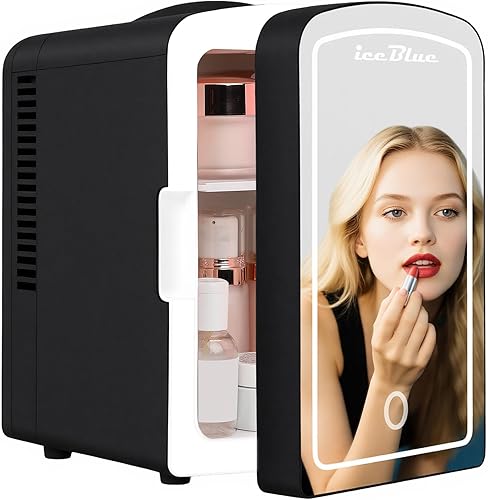 Iceblue Mini nevera, refrigerador para el cuidado de la piel con espejo de luz LED regulable, 4 litros/6 latas, refrigerador compacto de maquillaje
