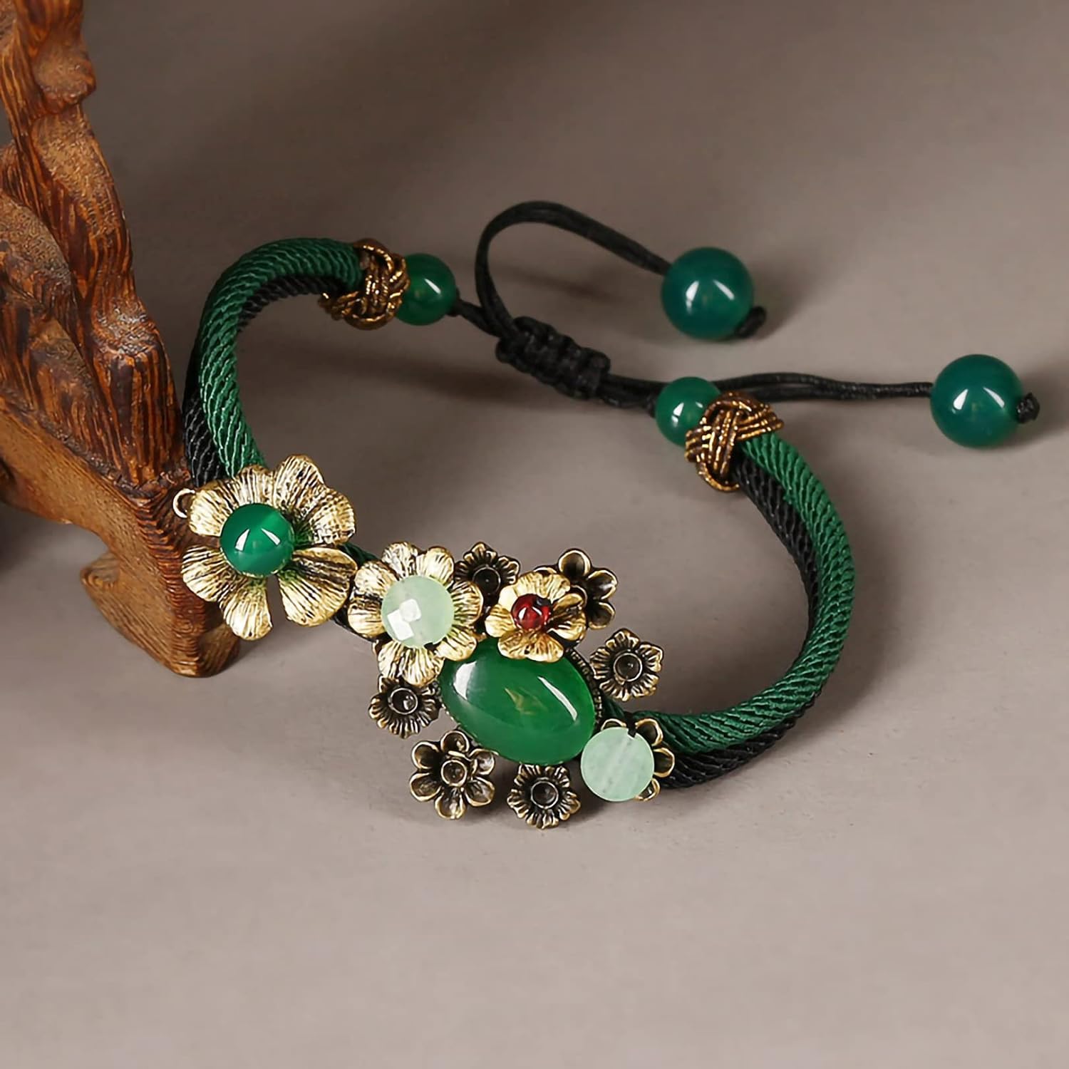 Vintage Prosperity Flowers Jade Beaded Bracelet, Adjustable Rope Lucky Beads Wrap Charm Bracelet for Women Lovers Gift