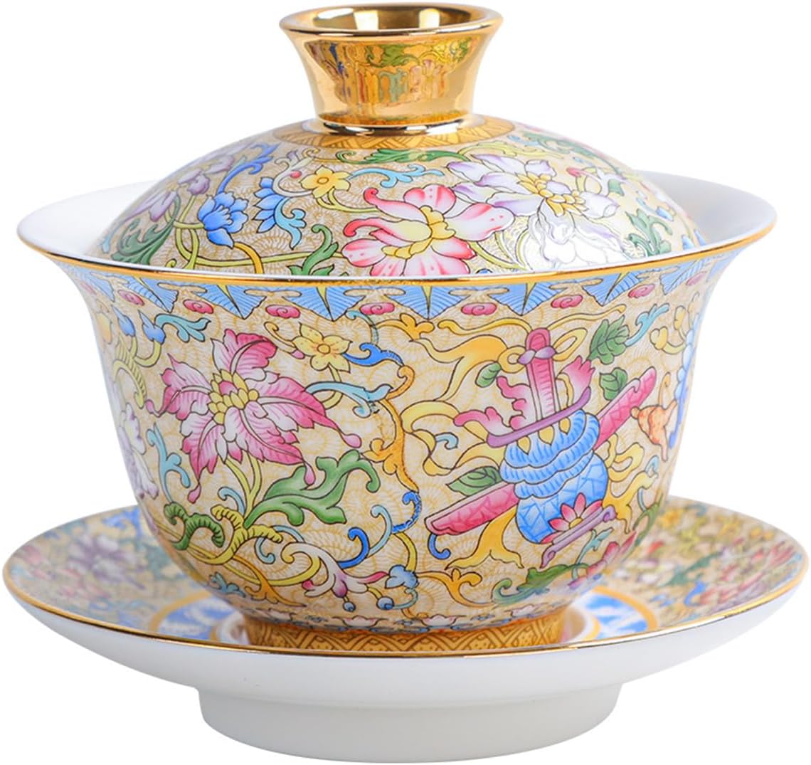 Three Talents Enamel-Painted Porcelain Gaiwan - Single Tea Cup, Offering Bowl, and Home-Use Chinese Kung Fu Tea Ware, 3.94 x 3.54 Inch