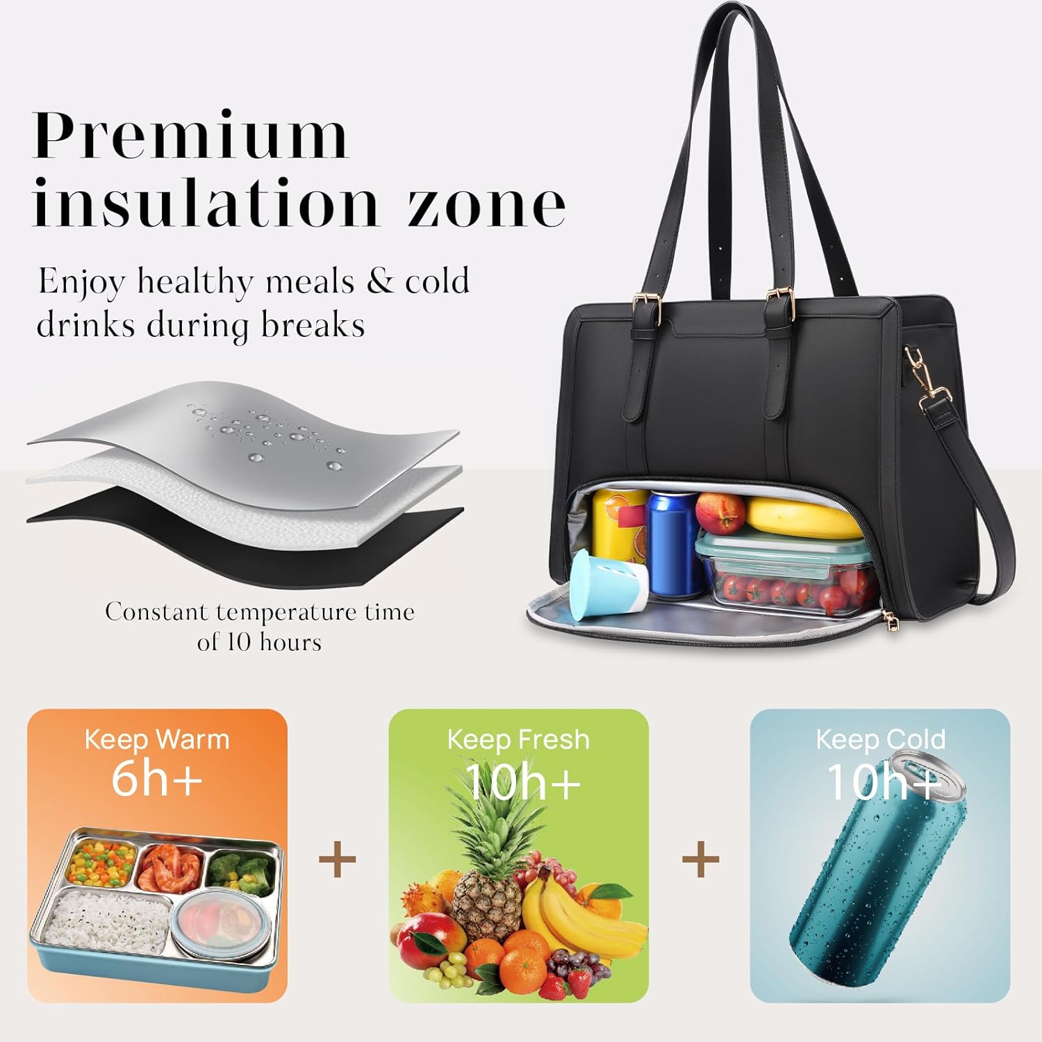 Lunch Tote Bag for Women, 15.6 Inch Laptop Bag with Insulated Lunch Compartment,Large Handbag with Purse for Business, Work, Nurse, Office,Black - Image 3