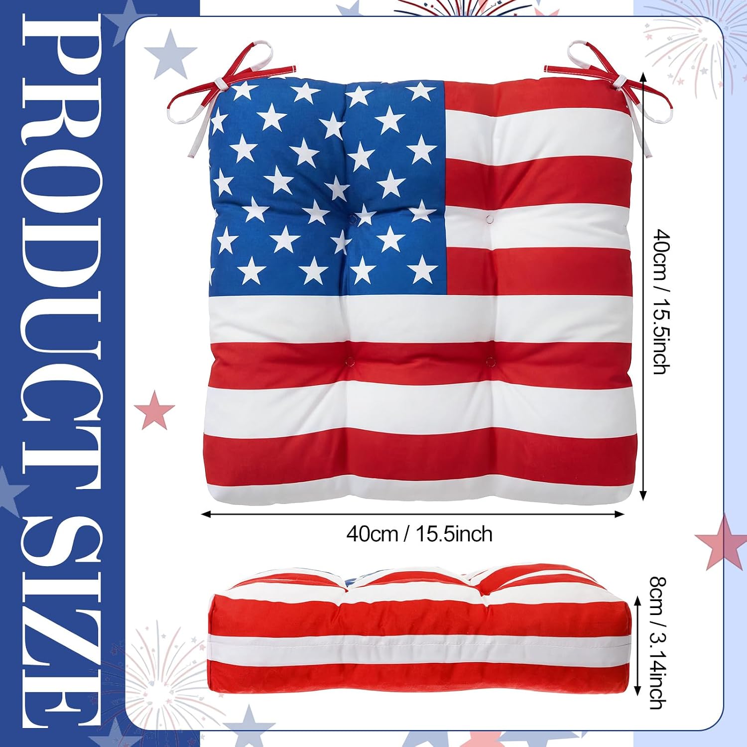 Geetery 4 Pcs July 4th Patriotic Decor Outdoor Chair Cushions with Ties for Patio American Flag Cushion Case for Dining Chairs Kitchen Home Living Room Independence Day Pool(15.5 x 15.5 Inch)