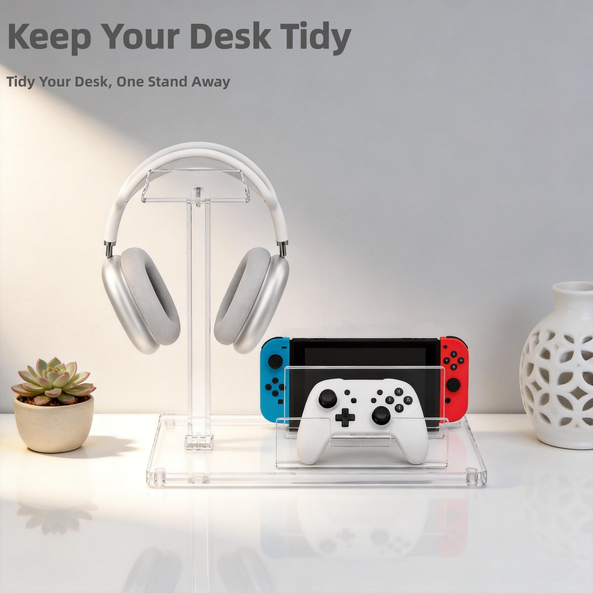 Supporto per cuffie da scrivania in acrilico, supporto per accessori 3 in 1, universale, per tutte le cuffie da gioco musicali, PS5, PS4, Xbox, Switch, perfetto per giochi a casa e ufficio
