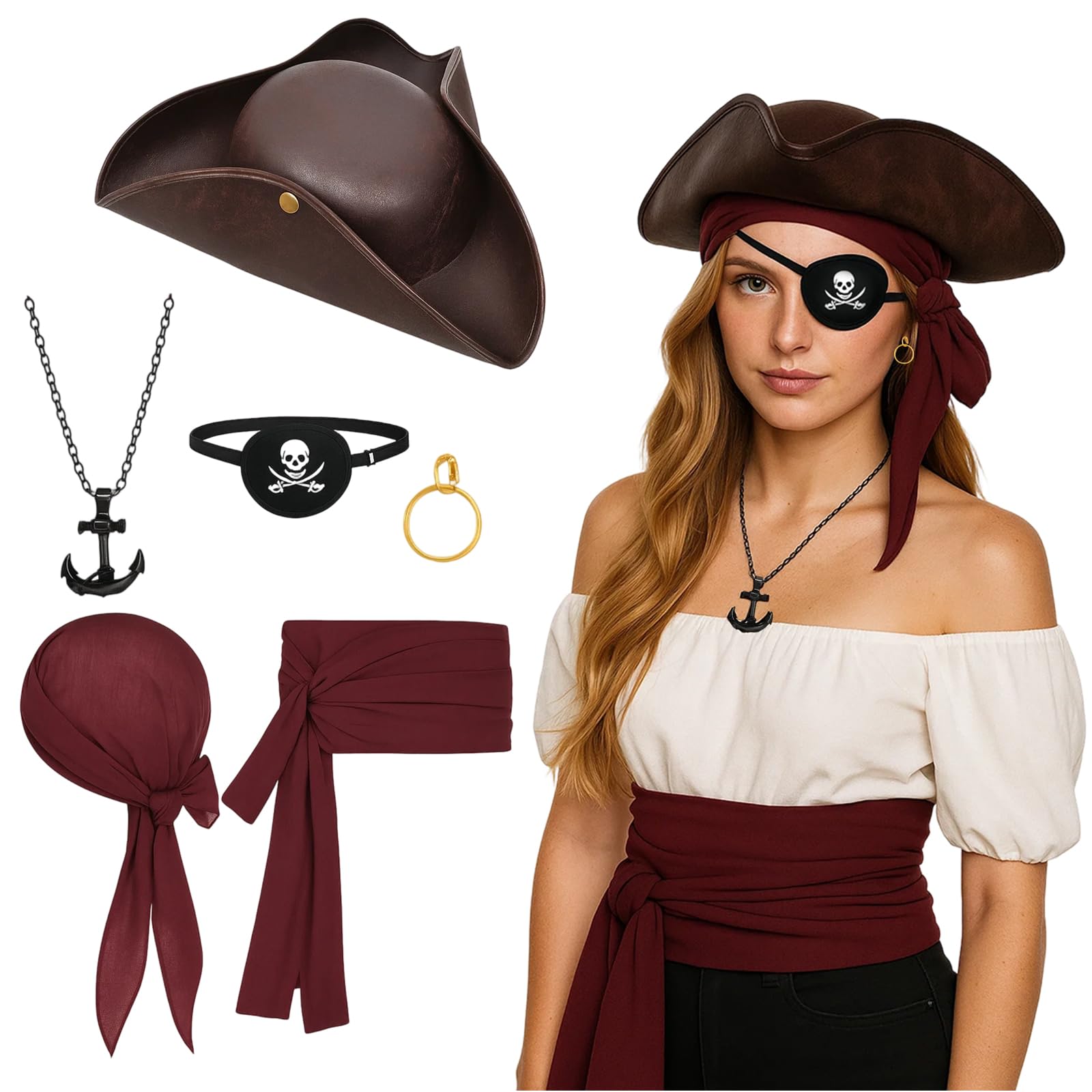 HcrYen Pirate Accessories, 6-Piece Pirate Costume Set for Adults, Pirates Hat Eye Patch Headscarf Belt Necklace and Earrings, Fancy Dress for Halloween, Cosplay and Pirates Themed Parties