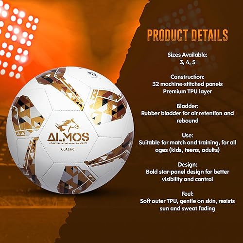 Miniatura 3 de Almos Balón de fútbol clásico de entrenamiento 32  para clubes, rendimiento de partidos, fútbol en interiores y exteriores, adecuado para césped y