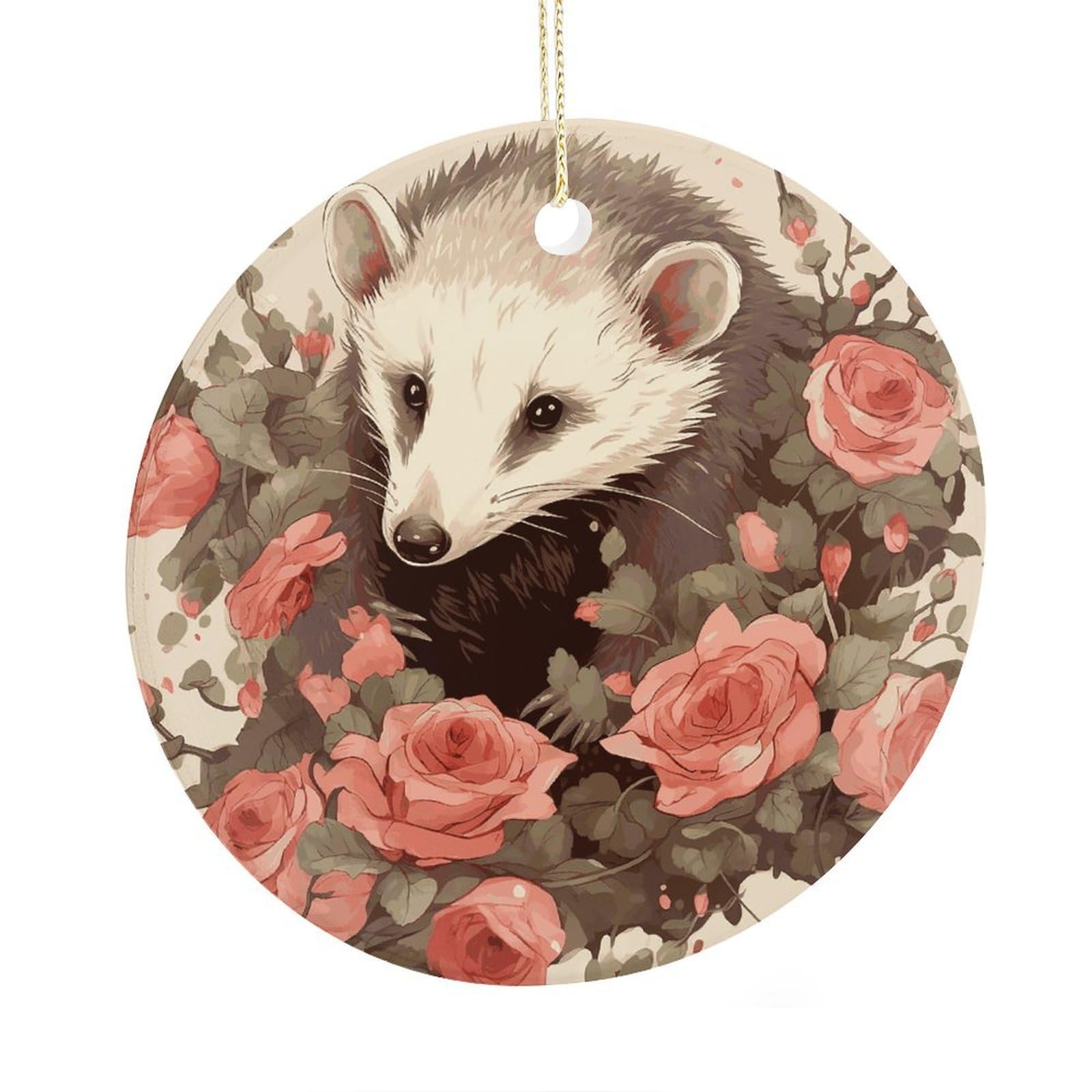 Fekiloot Style Opossum And Roses Christmas Ornaments 2.9 Inch Round Ceramic Ornament Keepsake Thank You Gifts For Office, Room, Home - Holiday Present Ideas