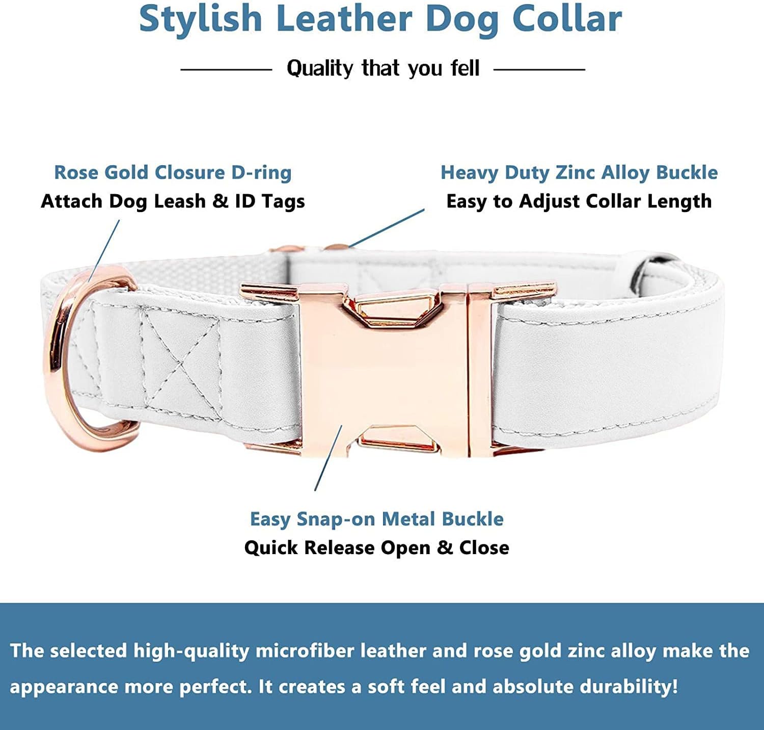 Soft Leather Dog Collar and Leash (6.6') Set - Stylish Rose Gold Heavy Duty Metal Buckle, 4 Adjustable Lengths Leash for Small Medium Large Dogs - Comfortable & Easy to Clean White L(15.4"-24.8")