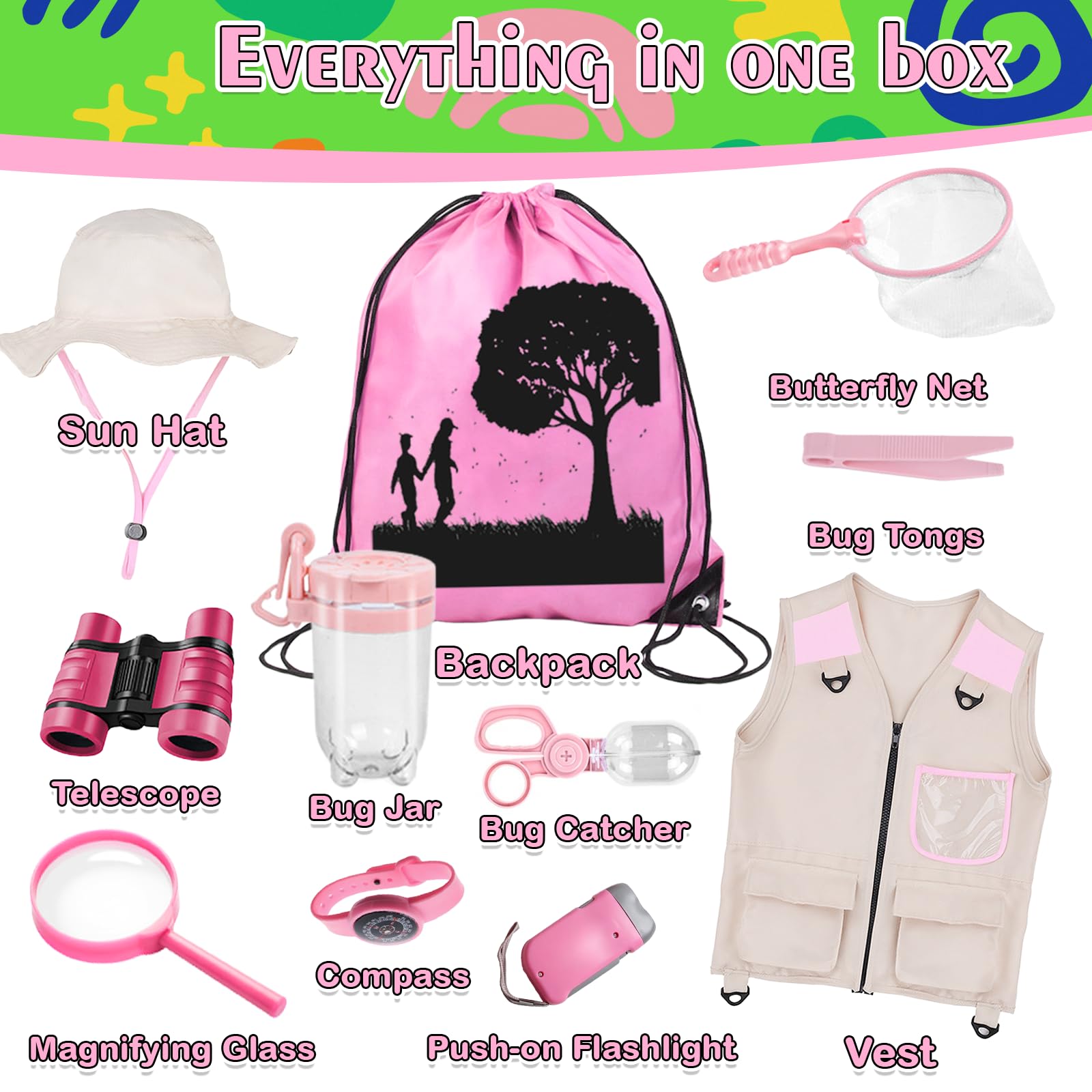 Xerteam Set de investigador para niños, 11 unidades, disfraz de safari con sombrero de explorador, chaleco, binoculares, red de mariposas, equipo de camping para niños de 3 a 10 años, juguete de