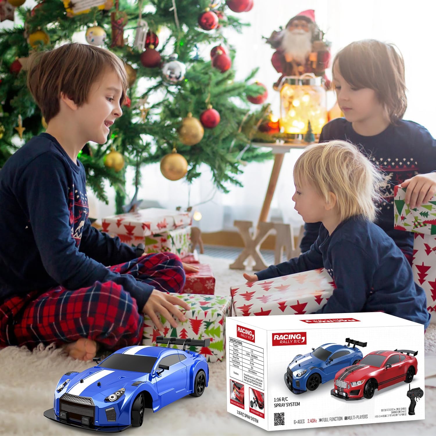 Dollox RC Drift Car 1/16 Scale Remote Control Car 2.4GHz 4WD High Speed 18+KM/H Vehicle with LED Lights and Spray, Extra Drifting Tires Racing Vehicle Toys Birthday Gifts for Adults Boys, 2 Batteries