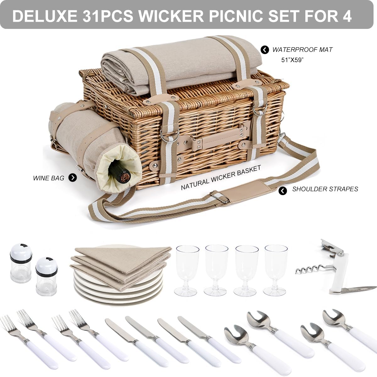 31Pcs Picnic Basket Set for 4 with Insulated Liner and Waterproof Blanket Wine Pouch, Large Wicker Picnic Hamper for Camping,Outdoor,Valentine Birthday Christmas for Couples,Natural