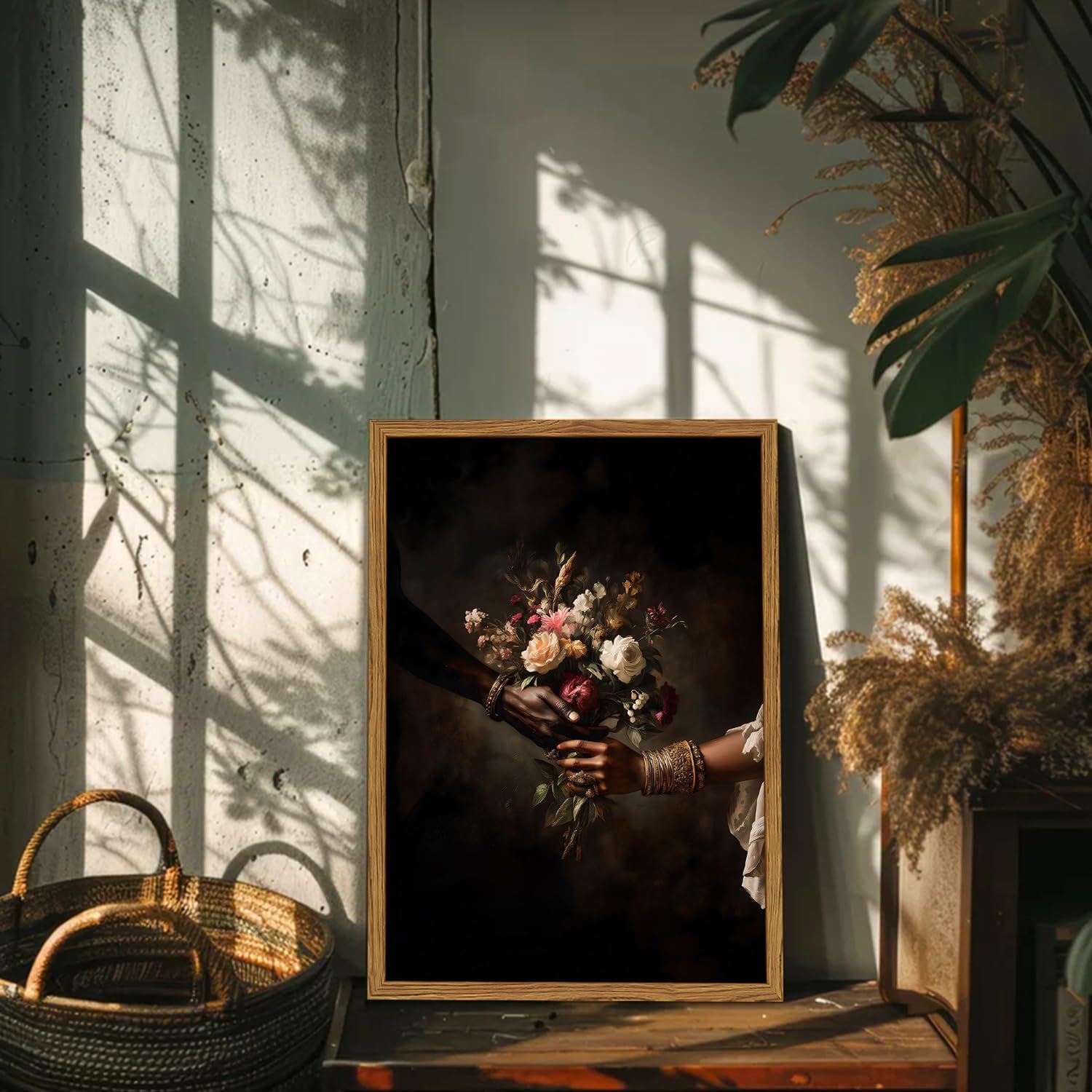 Framed Black Love Floral Wall Art, African American Couple Canvas Wall Decor Prints, Dark Romantic Holding Flowers Paintings Pictures Moody Home Decor Aesthetic for Living Room Bedroom 12x16 inch