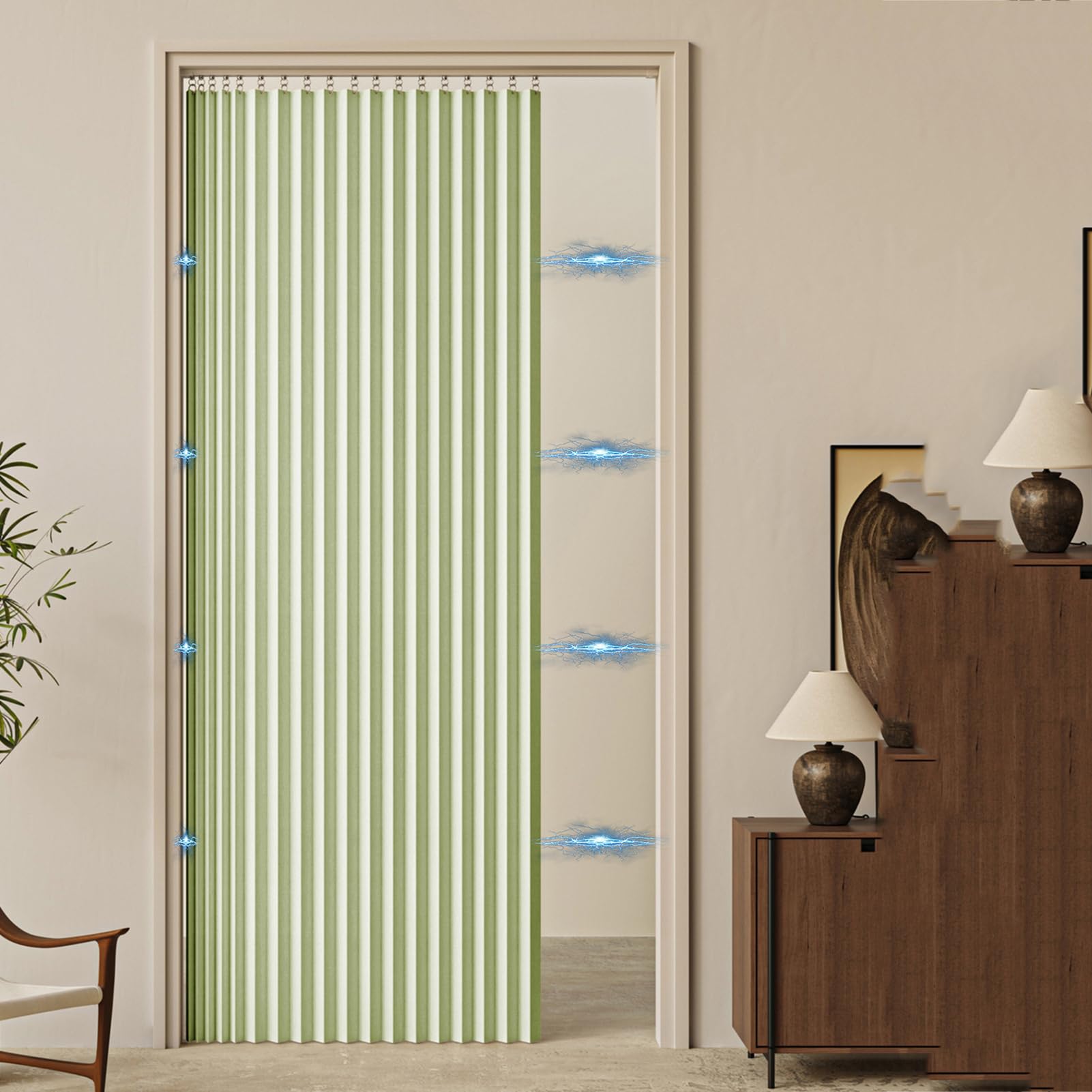 Genérico Cortina De Puerta Opaca Sin Taladrar,Protección contra El Frío,Cortinas Divisorias Plegables para El Salón con Cierre Magnético,Cortina Corredera para Armario De Cocina,Verde,W120*H240cm