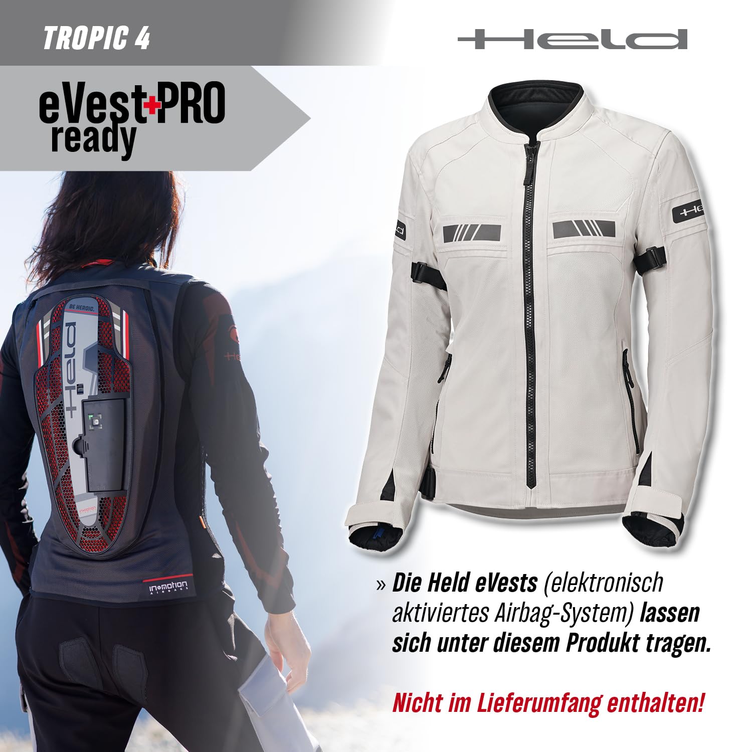 Held Tropic 4 Top Sommer Motorrad Jacke Damen - Sportliche und Luftige Mesh Sommerjacke - Leichte Motorradjacke mit Protektoren D3o Ghost Level 1 - CE Schutzklasse A, Grau, Größe 3XL