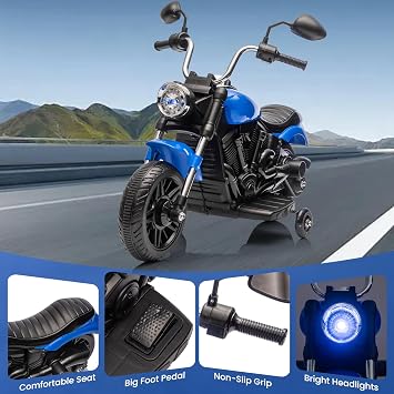 12V Electric Motorcycle for Kids, 3-Wheel Ride On Toy w/Detachable Training Wheels, Soft Start, Reverse, Headlight, Horn & Music, Battery Powered Kids Motorcycle for Toddler Boy Girl Ages 3-5, Blue