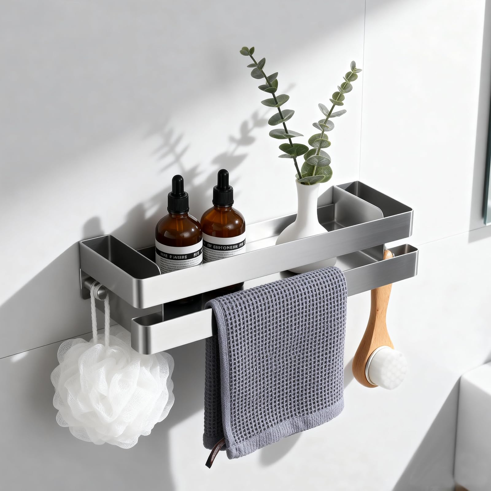 Ohne Bohren Edelstahl Badezimmer-Regal mit Haken - Wasserdichtes Wandregal für Duschgel, Shampoo & Handtuch - Rostfreier Dusche Organizer mit 5KG Tragkraft -Edelstahl matt