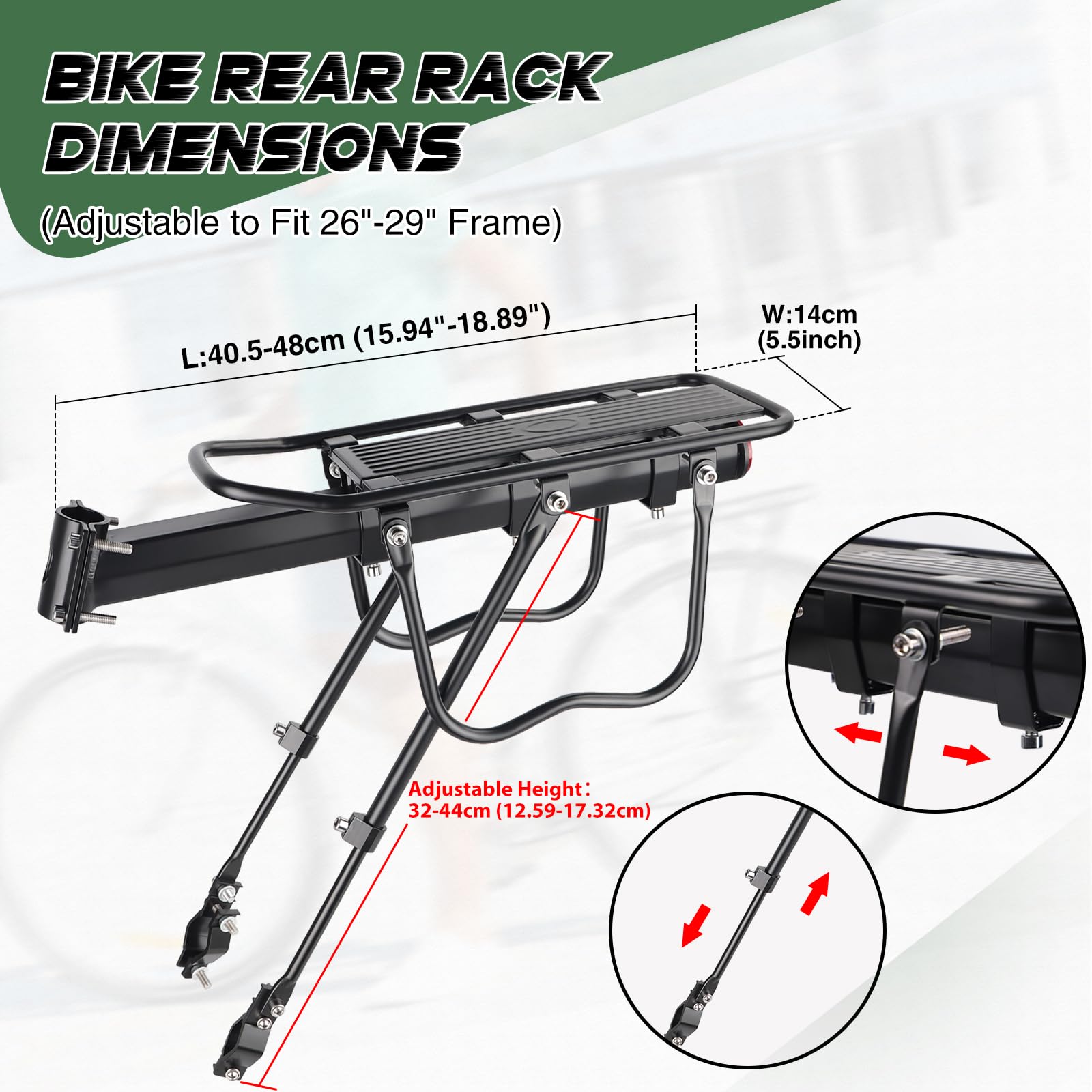 ZUKKA Set portapacchi per bicicletta da 22 – 29 pollici/700 C, regolabile, universale, in ferro, carico massimo 110lbs (50 kg) per mountain bike e bici da corsa