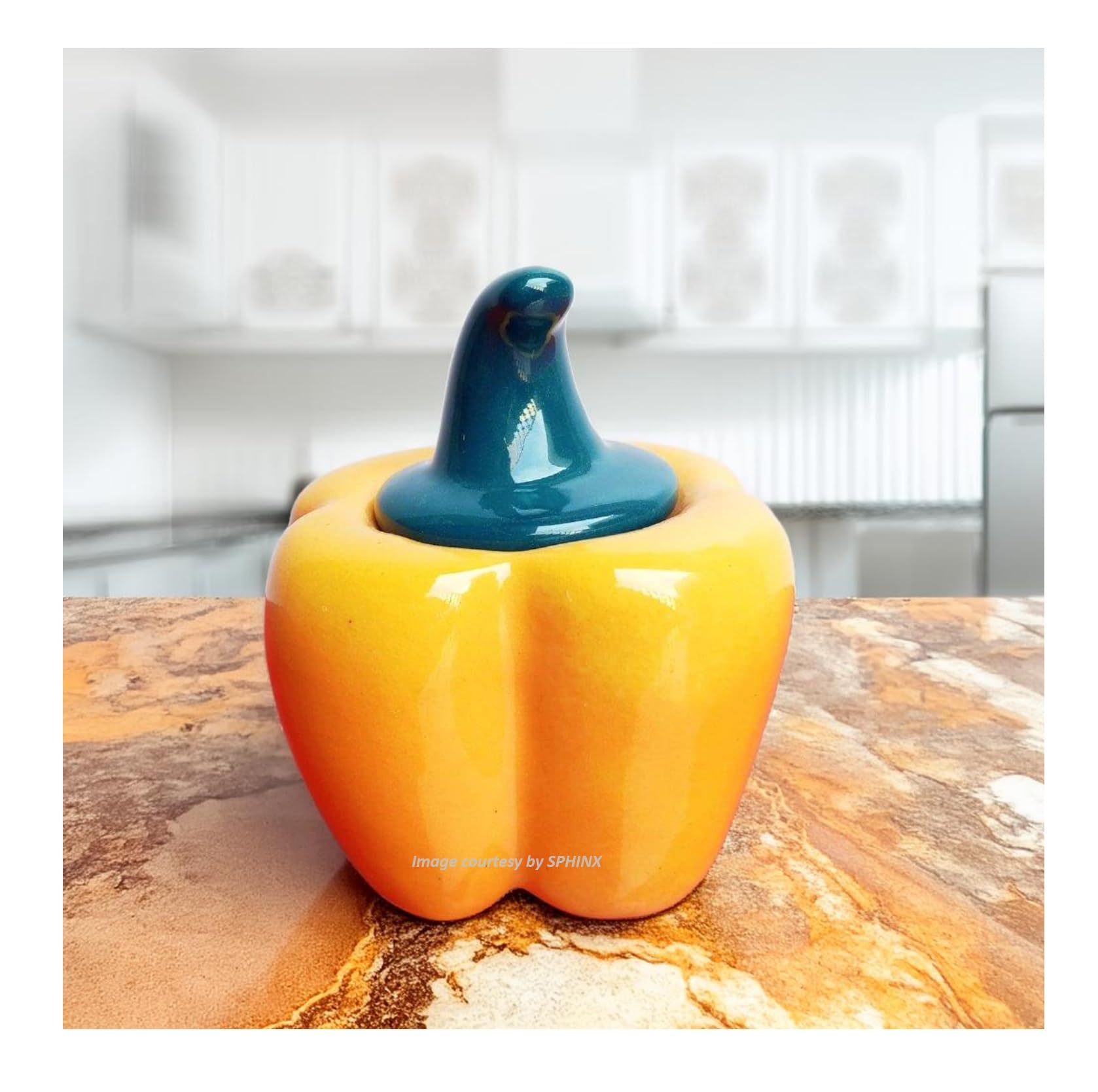 SPHINX Handmade Capsicum Shape Ceramic Jar with Lid - Multiutility Handcrafted Kitchen Storage Container for Condiments, Table, Gifting, and Candies, Yellow-1 Piece
