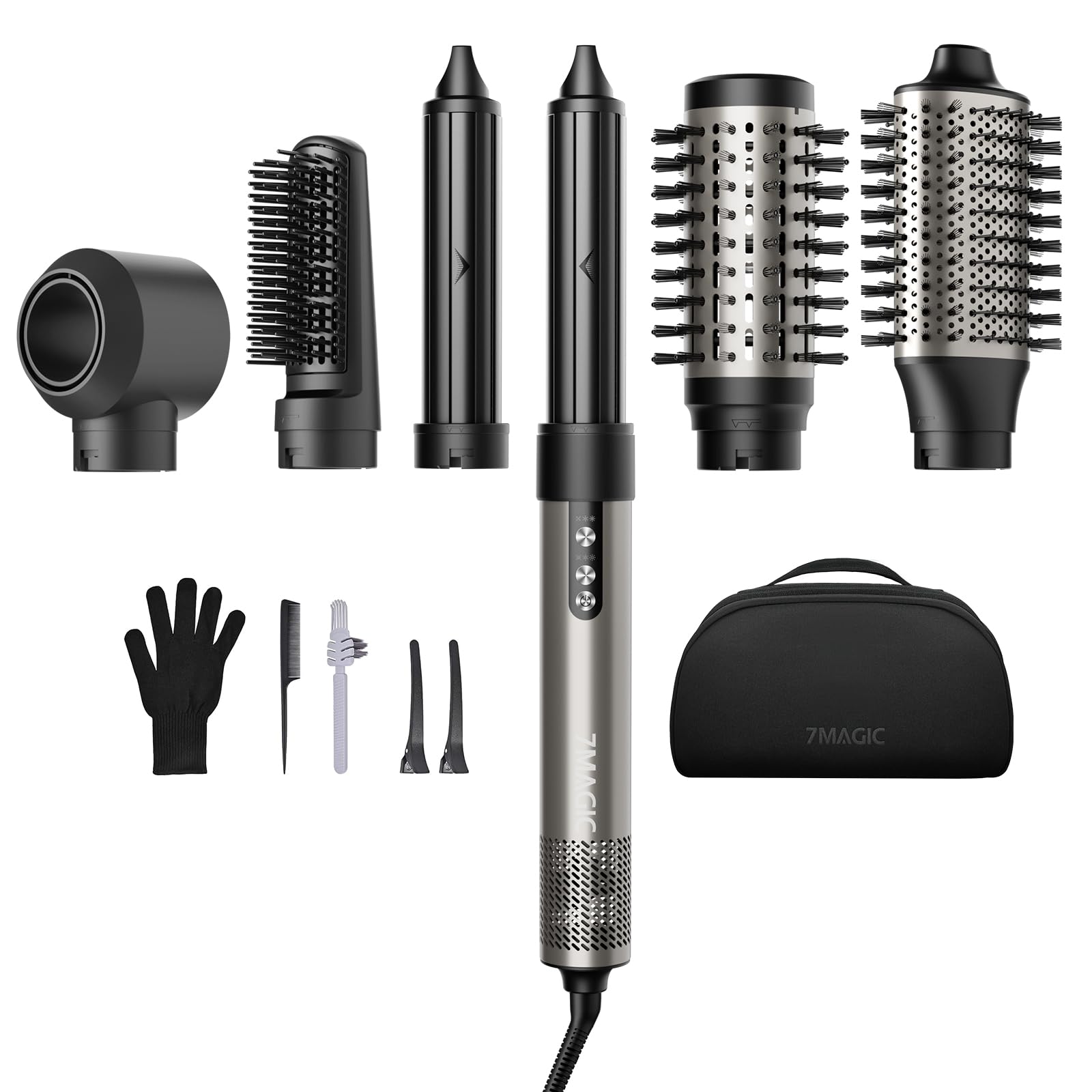 7MAGIC Hair Dryer Brush & 6 in 1 Hair Styler, Silver, 110 Volts, 1200 Watts, Ionic Technology, Fast Drying, Multi Styler for Straight, Wavy, Curly, and Coily Hair
