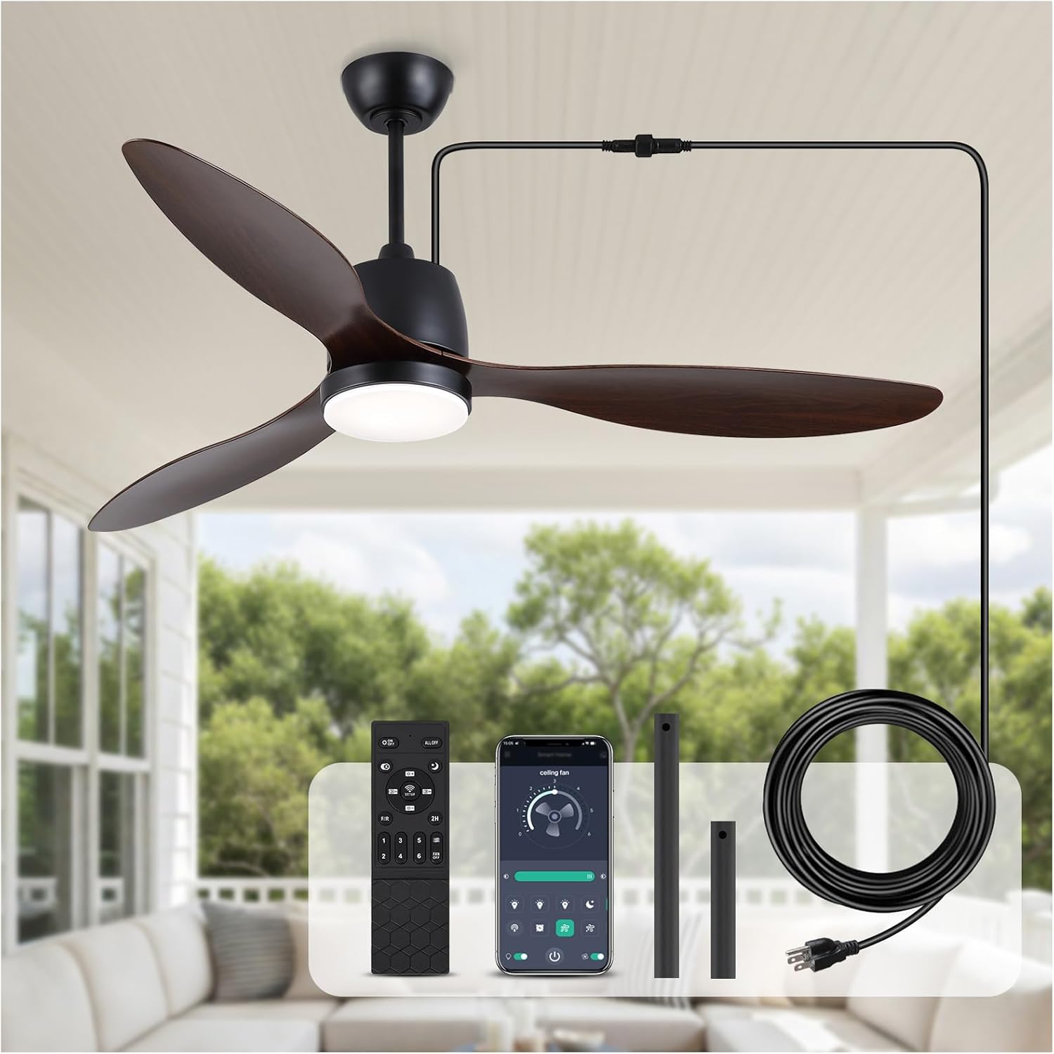 52-Inch Ceiling Fan with Light: Modern Indoor Black Ceiling Fans, App/Remote Control, 6-Speed Reversible Quiet DC Motor, for Bedroom Kitchen Living Room