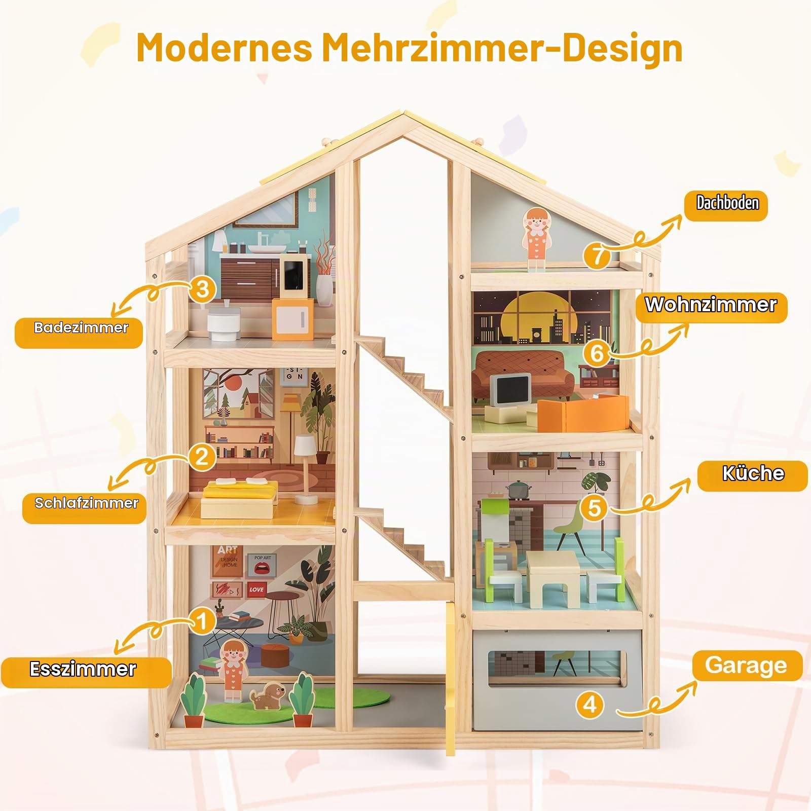 FANTASK Puppenhaus Holz, Bunt Puppenstube mit komplettem Möbeln & Zubehör, 3 Etagen DIY-Dollhouse mit Garage & öffnbarer Tür, für Mädchen & Jungen ab 2 Jahren