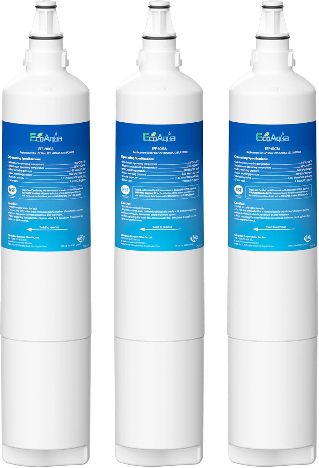 EcoAqua 5231JA2006A Refrigerator Water Filter, Replacement for LG® LT600P®, 5231JA2006A, 5231JA2006B, KENMORE 46-9990, 9990, 469990 Refrigerator Replacement Filter, 3 Filters