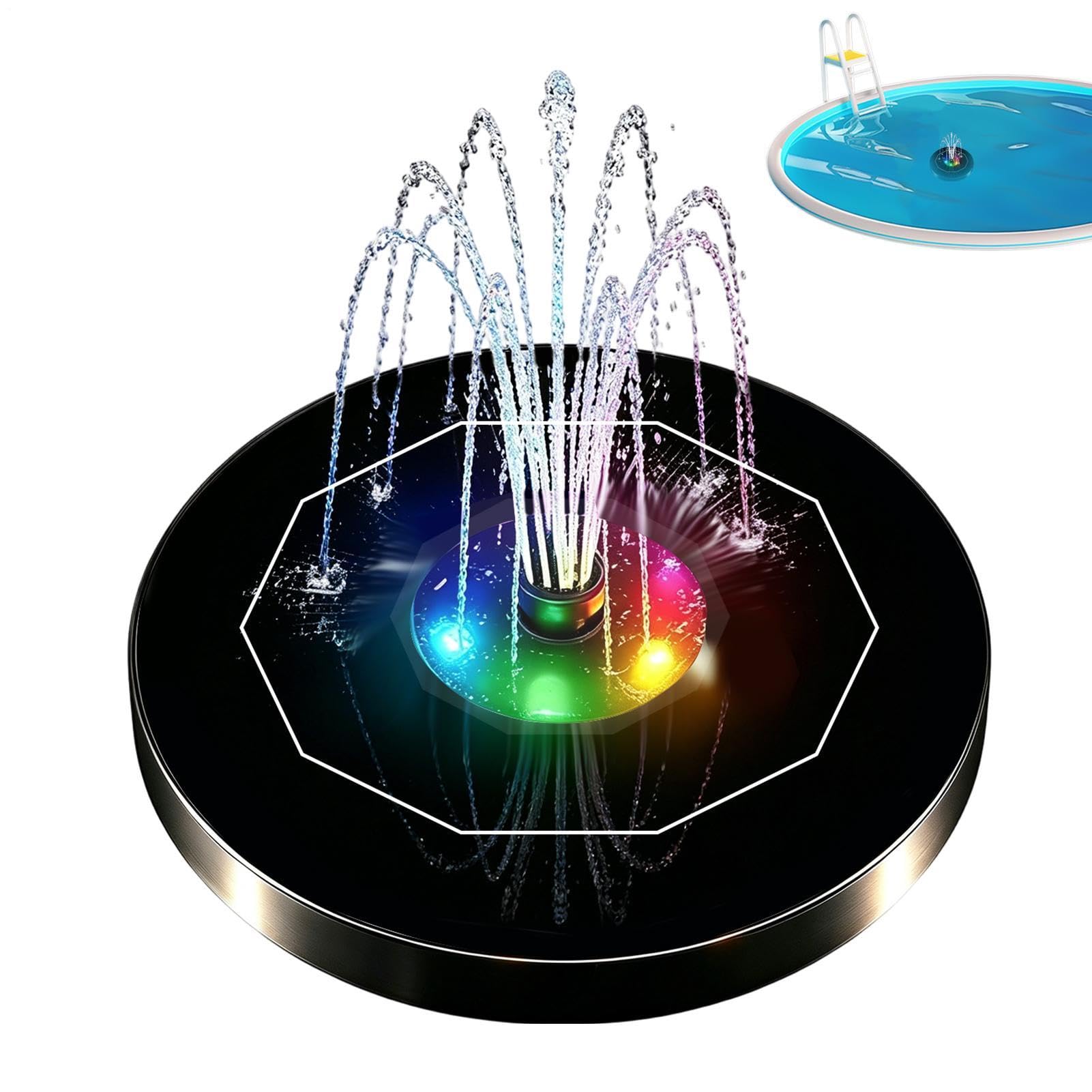 Fontana ad acqua solare, circolare galleggiante con 6 ugelli e colorate, fontana solare galleggiante per vasca per uccelli, per vasca per uccelli, giardino, piscina, patio, laghetto, acquario