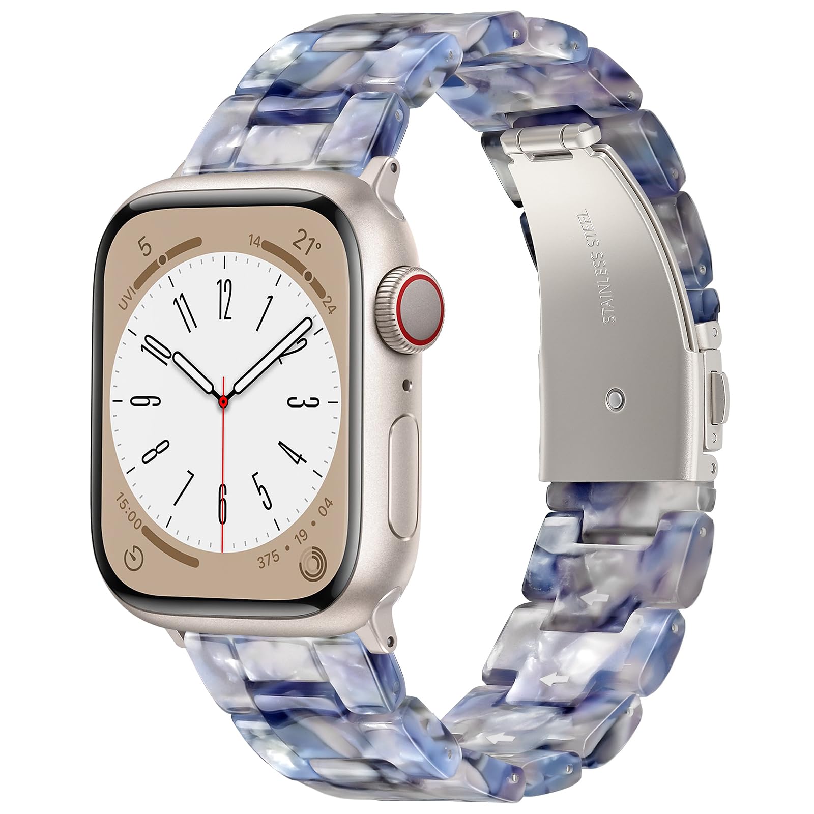 Photo 1 of V-MORO Resin Bands Compatible with Apple Watch Series 11/10/9/8/7 Band 40mm/41mm Lightweight Fashion Strap Bracelet with Starlight Buckle for iwatch Series SE/6/5/4/3/2/1(Pearlized Blue,38/40/41/42mm)