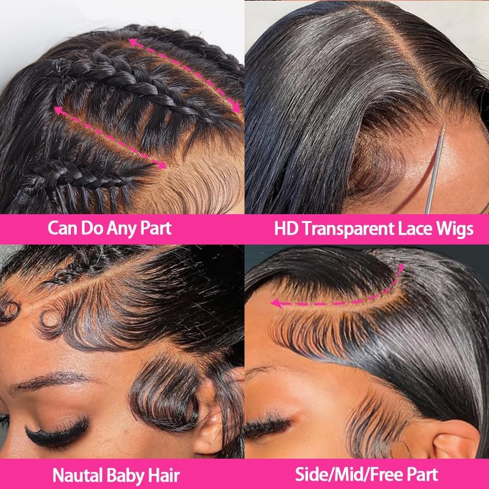Bele 13x6 Straight Lace Front Wigs Human Hair 30 inch 180 Density Glueless Brazilian Straight HD Transparent Lace Front Wigs for Women Pre Plucked with Baby Hair Natural Color - Image 2