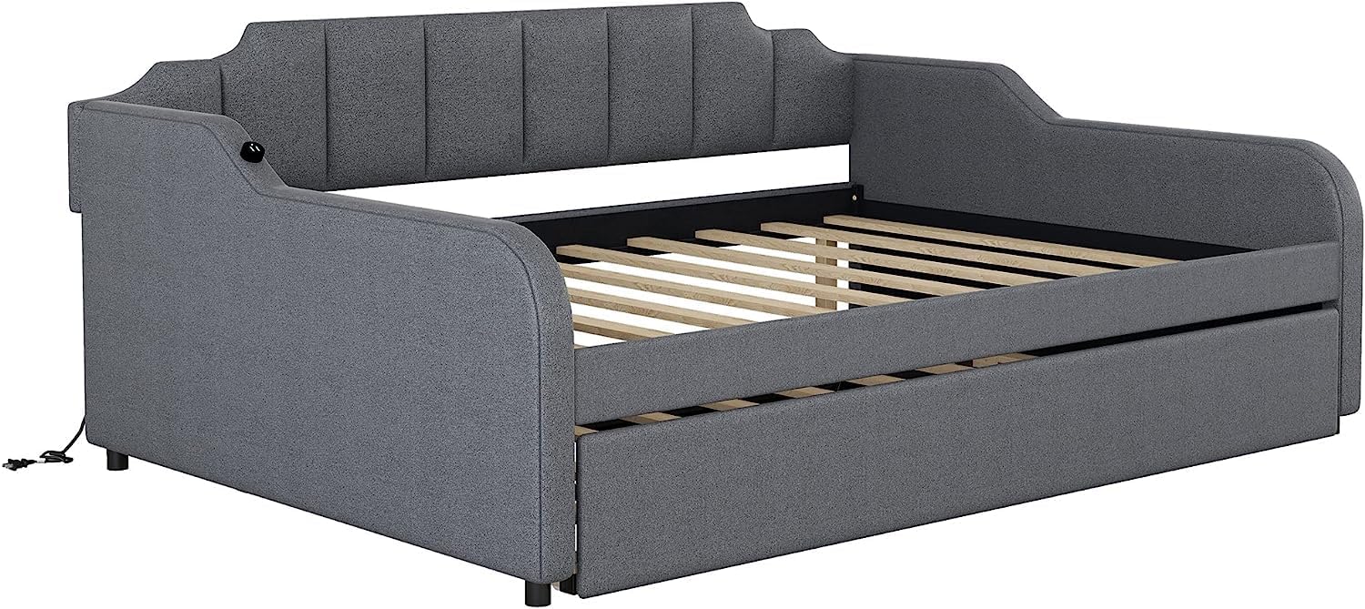 Harper & Bright Designs Full Size Upholstered Daybed with Pop Up Trundle and USB Charging Design, Trundle can be Flat or Erected, Extendable Daybed Frame for Kids Teens (Grey,Full)