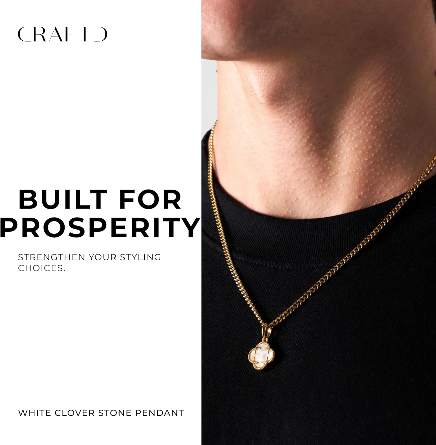 CRAFTD - White Clover Stone Pendant Necklace - 18K Gold & 316L Stainless Steel - 20.5" Cuban Chain with 15MM x 15MM Pendant - Waterproof, Heat & Sweat Resistant - Gifts for Men - Men's Jewelry