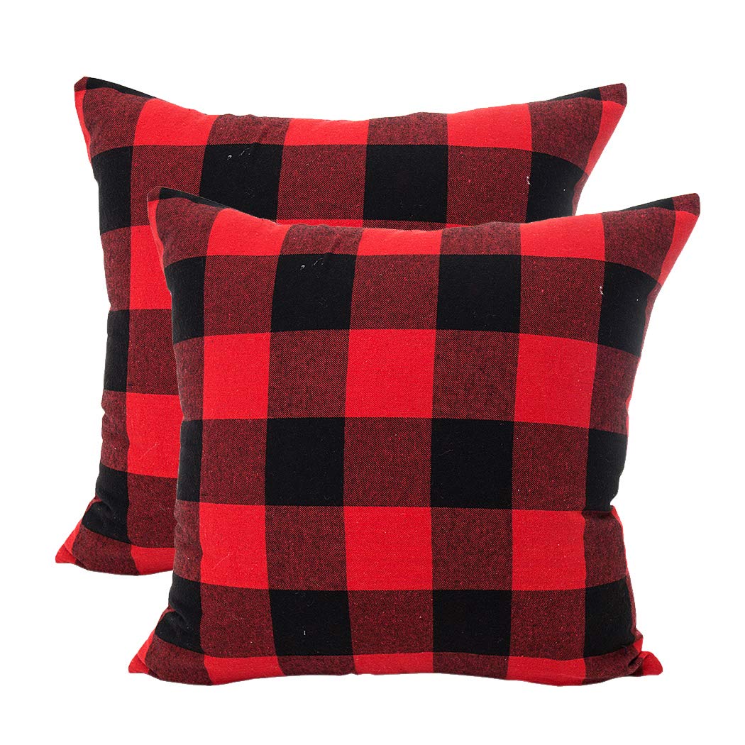 LEIOH Christmas Decorations Retro Checkers Plaids Cotton Linen Throw Pillow Covers Cushion Case Bed Set of 2 (Red and Black, 16x16 Inches)