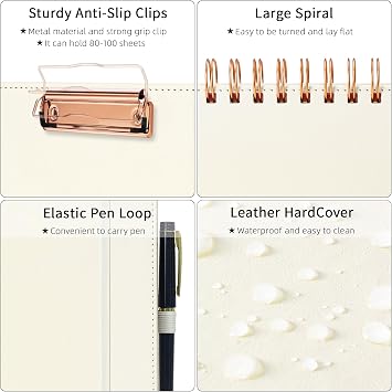 Ospelelf Leather Clipboard Folio with with Storage Zipper Pouch, Spiral Clipboard Folder with Notepad for Letter Size, 5 Folders with 10 Pockets, 39 Divider Label Stickers (Beige)