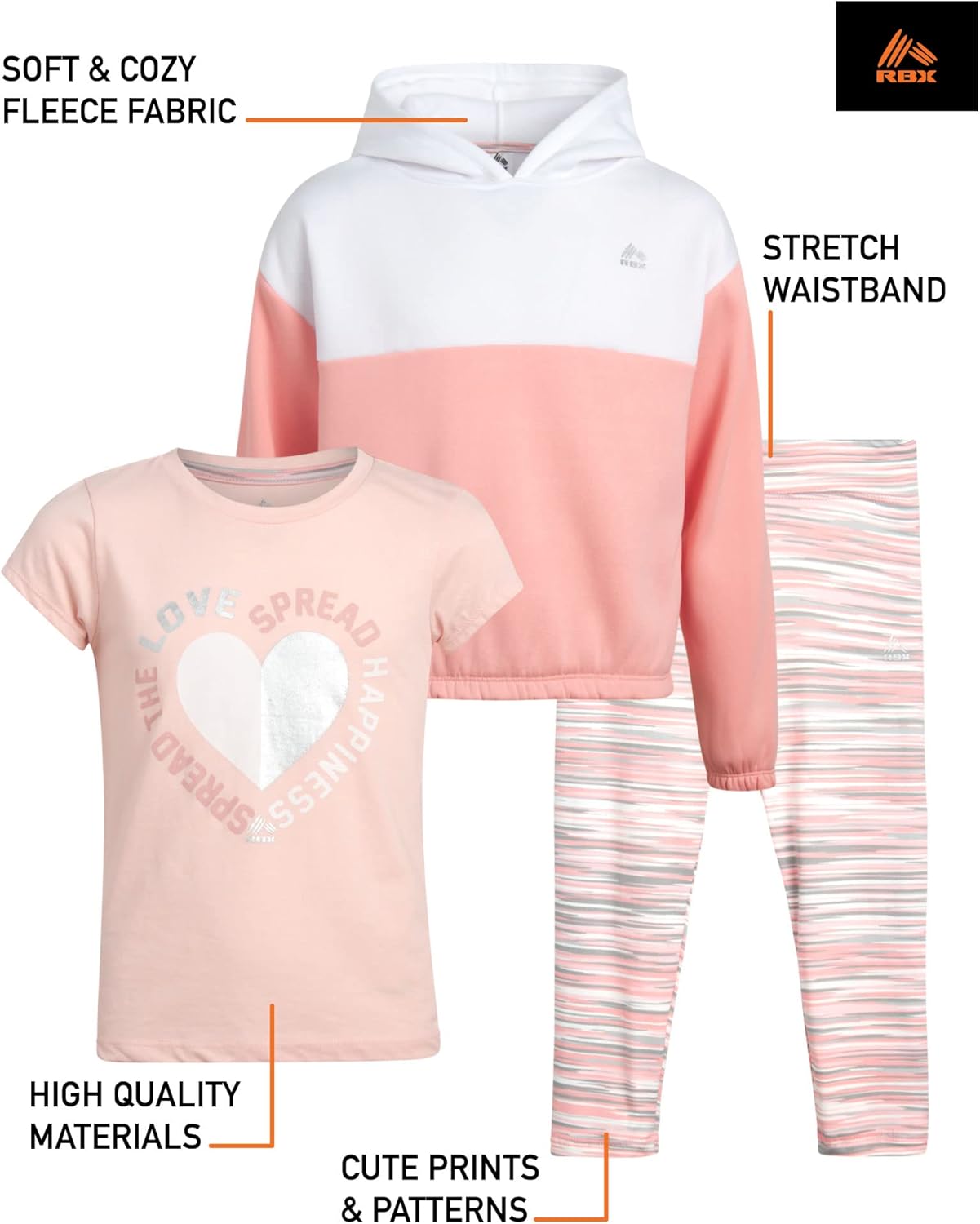 RBX Girls Pants Set - 3 Piece Soft Fleece Pullover Hoodie Short Sleeve Shirt Graphic Tees and Leggings for Girls - Image 2