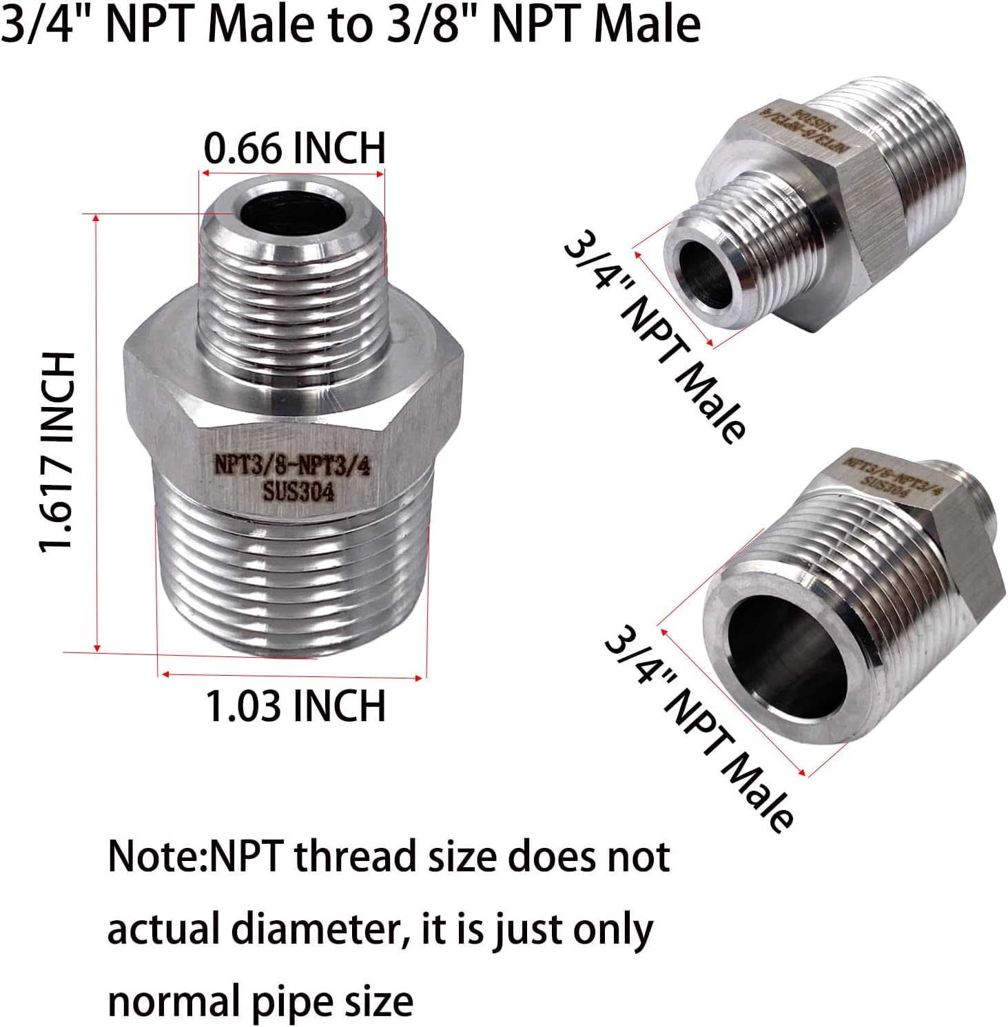 3 Pcs 3/4" NPT Male to 3/8" NPT Male Stainless Steel Hex Nipple Hose Reducer Connectors for Plumbing Hydraulic Systems RV and Home Applications NPT Thread PVC Pipes