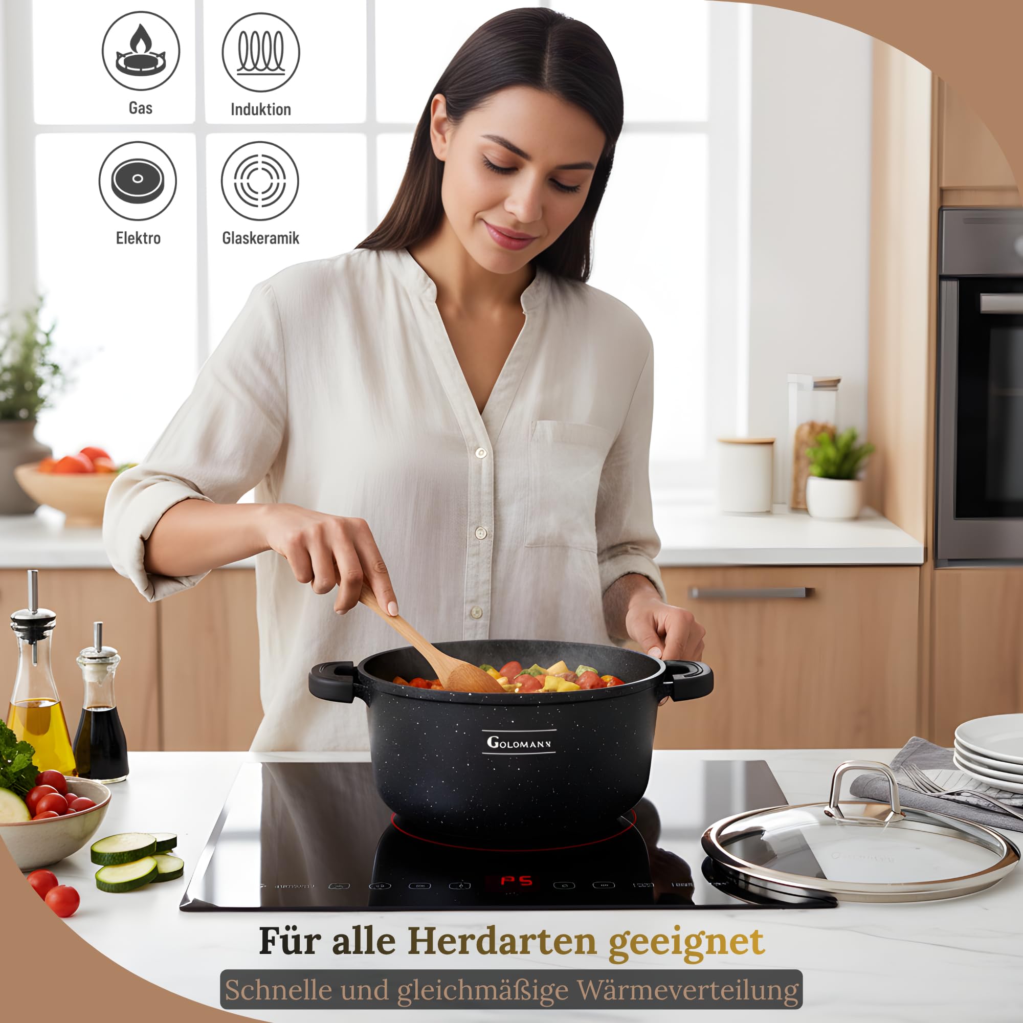 GOLDMANN Kochtopf aus Aluminiumguss, 24 cm - 4.5 L, antihaftbeschichtete Keramik-Marmor-Optik, Glasdeckel, induktions- und für alle Herdarten geeignet, ofenfest und PFOA-frei