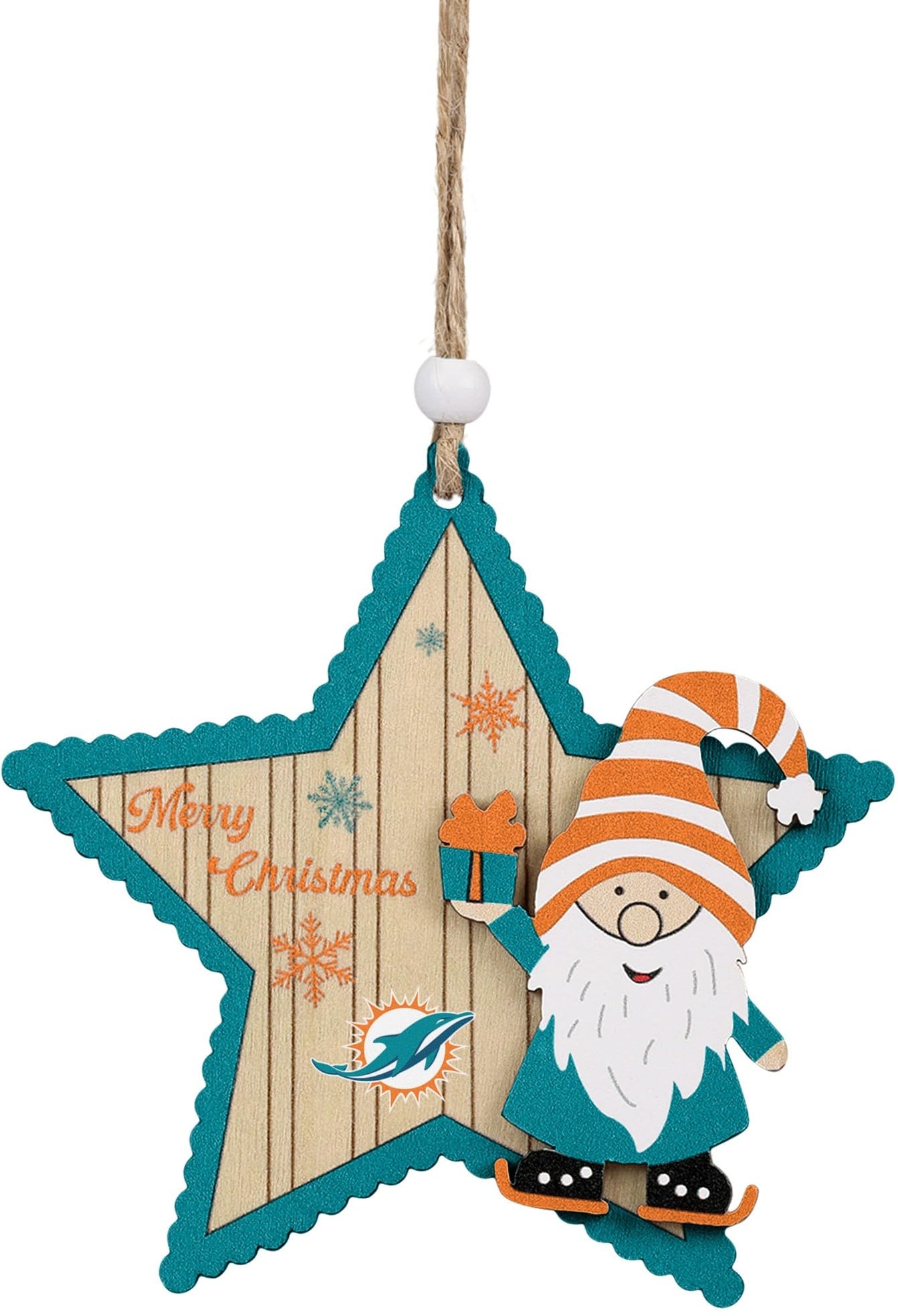 Foco Multi Color Nfl Miami Dolphins Wooden Star Ornament With Gnome – Officially Licensed Holiday Decoration