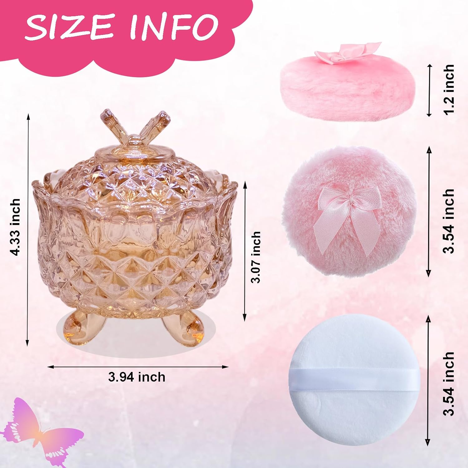 5 Pieces Large Body Powder Puff and Powder Container, Crystal Case for Dust Puff, Powder applicator with Box for Face and Body (Amber, Butterfly) - Image 2