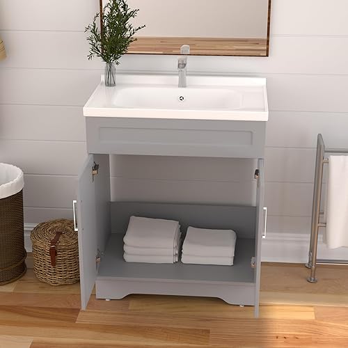 Miniatura 10 de OLD CAPTAIN Tocador de baño con fregadero de cerámica, tocador de madera de doble puerta con 24 pulgadas, pequeño armario de baño de montaje rápido,