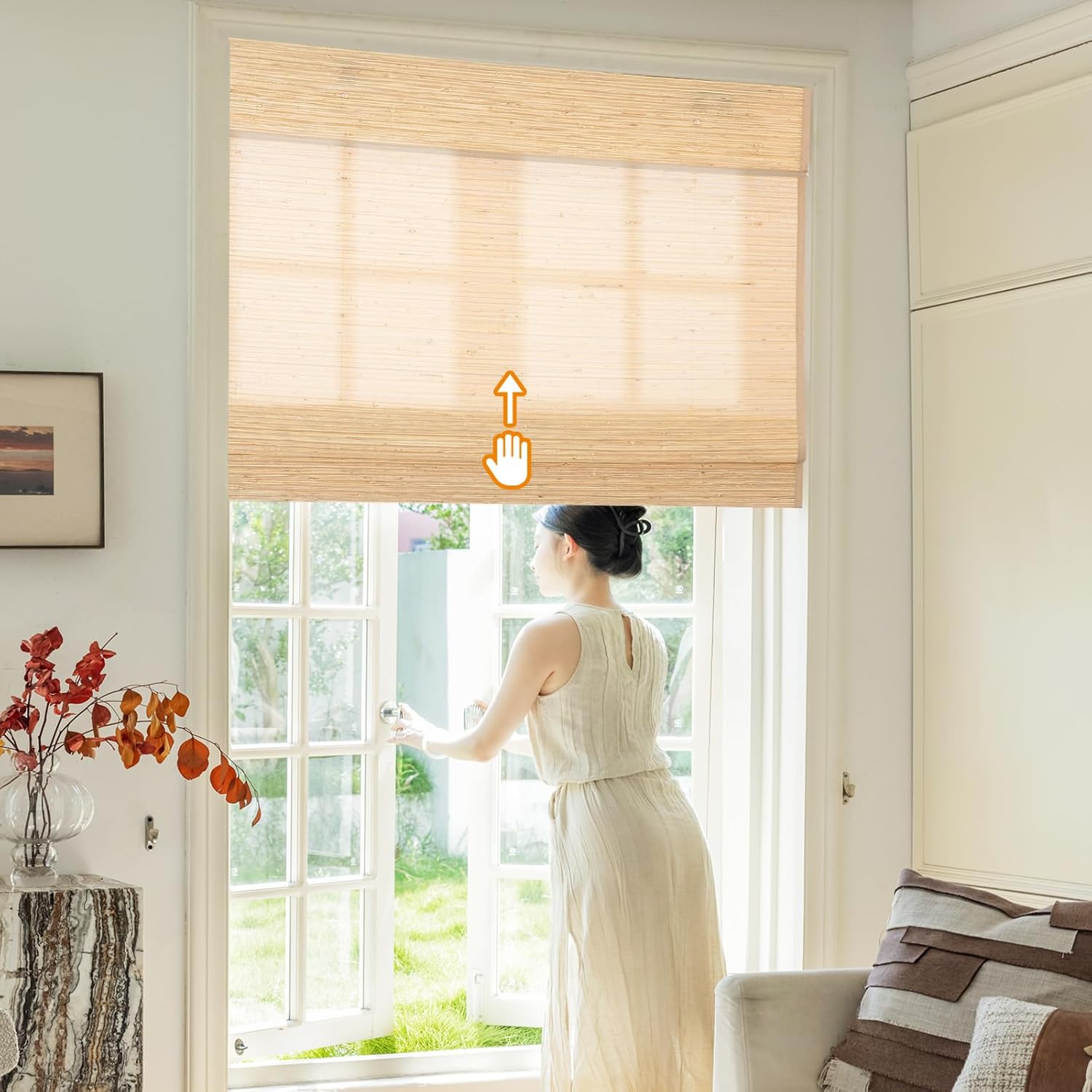 No Drill Cordless Hemp and Bamboo Roman Shades Customized Light Filtering Blackout Window Blinds, Beige