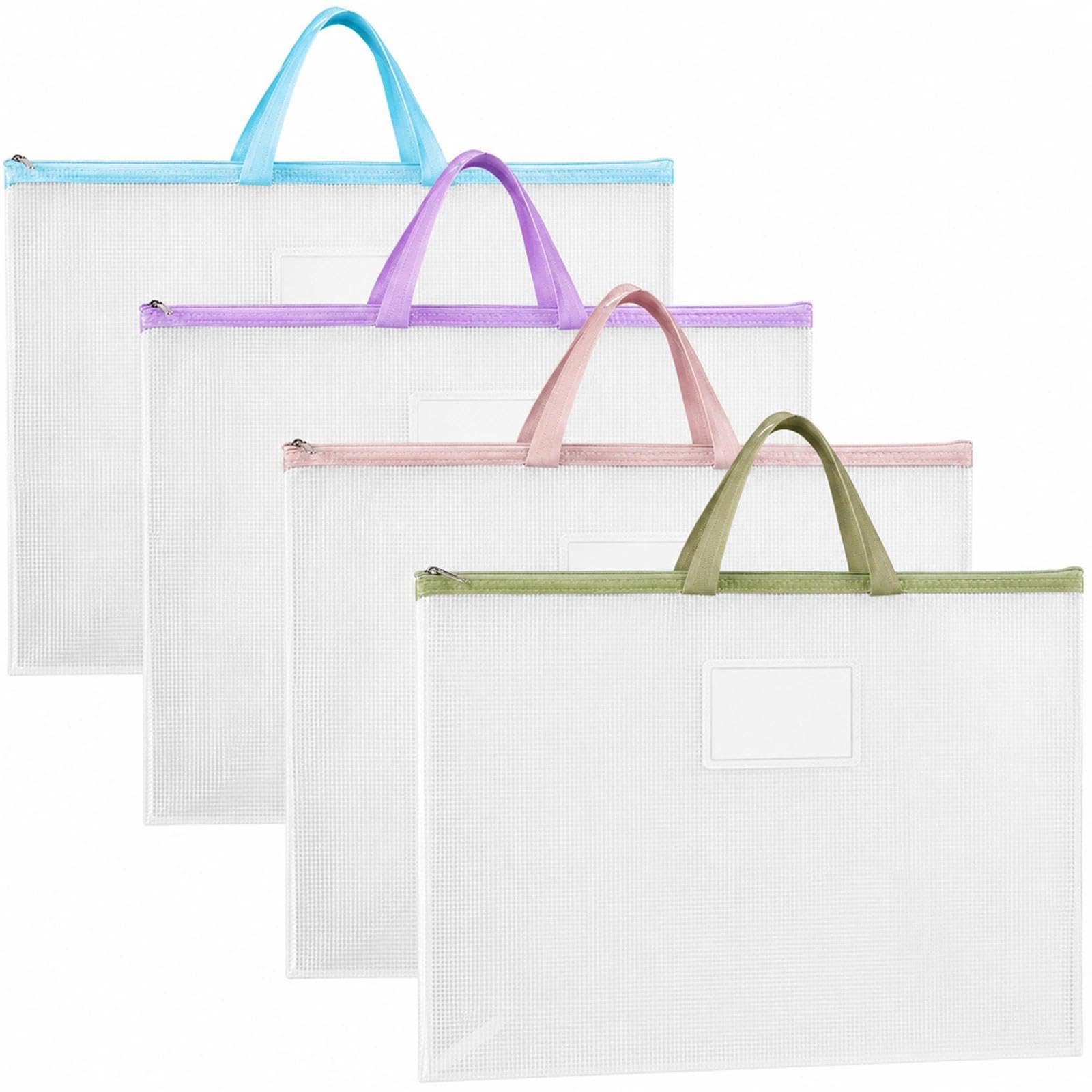 huoanpo 4PCS A2 Art Folder Set, Paint Storage Bags, Waterproof Transparent A2 Art Folder with Zipper and Handle for Posters, Drawings, Artwork (Blue, Green, Pink, Purple)