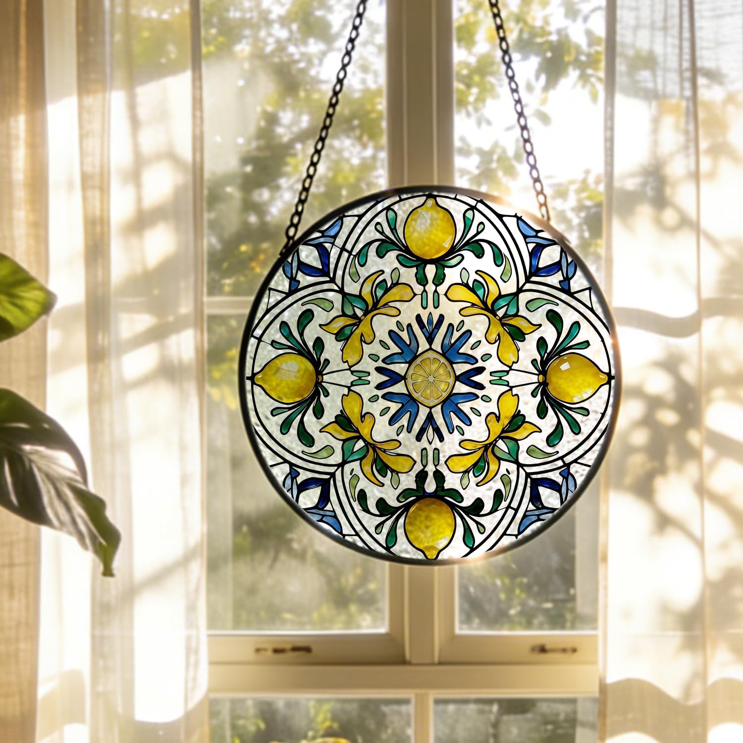 Italian Lemon Stained Glass Window Hanging, Blue and Yellow Mediterranean Lemon Suncatcher Indoor Window Glass Round Wall Art Decor, 7.9x7.9 Inch