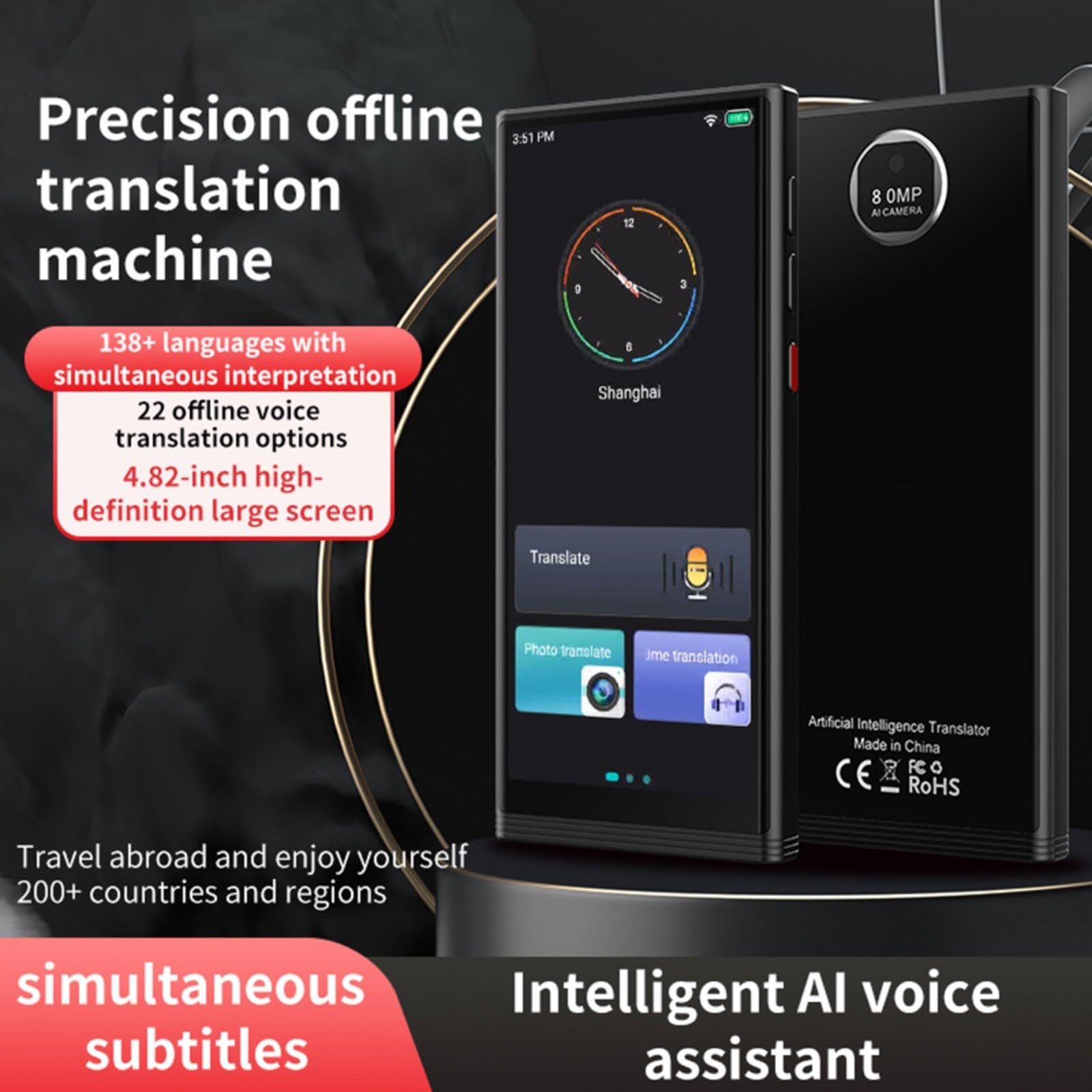 Traduttore vocale con interpretazione simultanea, display da 4,82 pollici, 7 giorni in standby, supporto multilingue