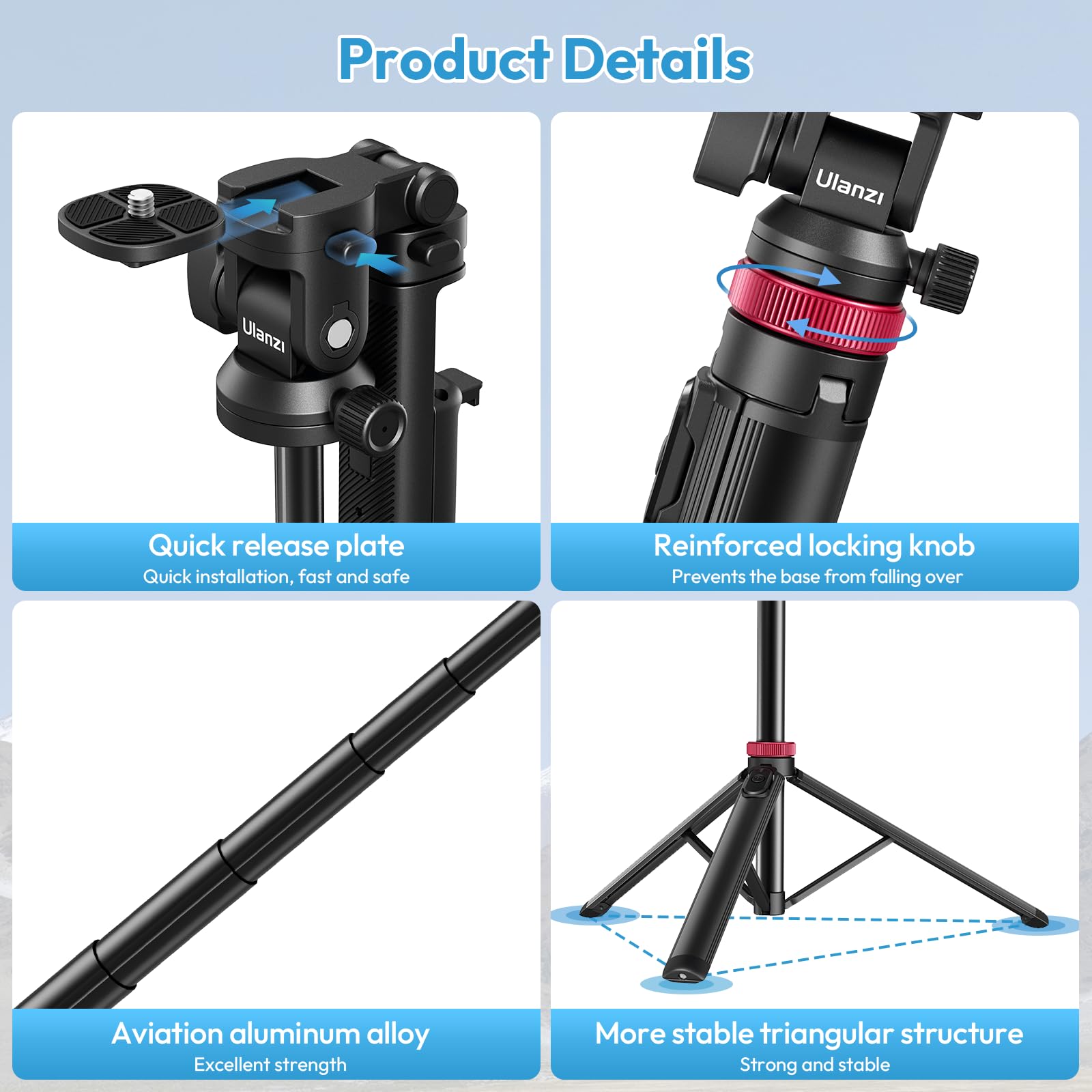 ULANZI MT-78 185cm 3-in-1 Handy Kamera Stativ Ausziehbares Bluetooth Selfie-Stick, Tripod mit 1/4" Schnellwechselplatte, 360°-Kugelkopf, Kompatibel mit Kamera, Sony, Canon, Fuji, iPhone Samsung Huawei