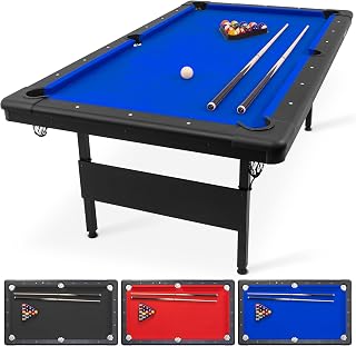 6, 7, or 8 ft Billiards Tables - No Assembly, Choose Your Color - Portable Pool Table Includes Full Set of Balls, 2 Cue Sticks, Chalk and Felt Brush