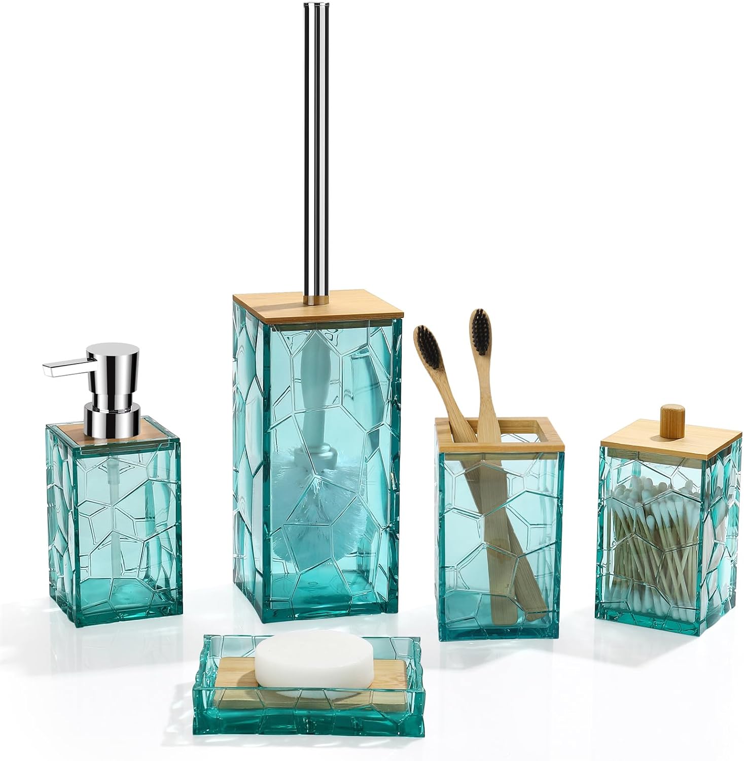 GAHEFY Teal Blue Beach Bathroom Accessories Set, Toothbrush Holder, Soap Dispenser, Cotton Swabs Holder, Soap Dish, Toilet Brush with Holder, Boho Bamboo Bathroom Decor,Acrylic (Teal)