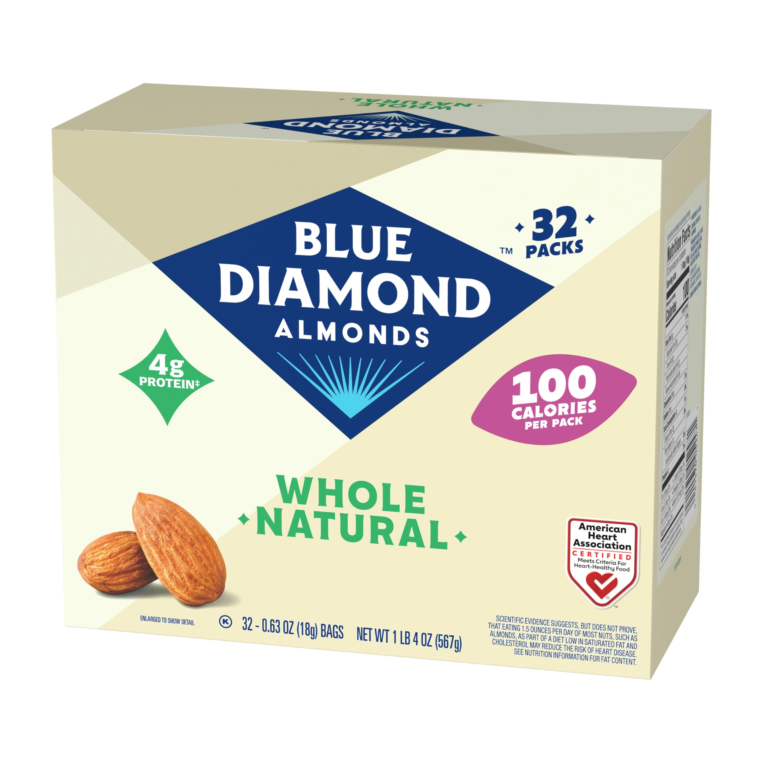 Blue Diamond Whole Natural Almond Snack Packs, 32 ct, 567 Grams