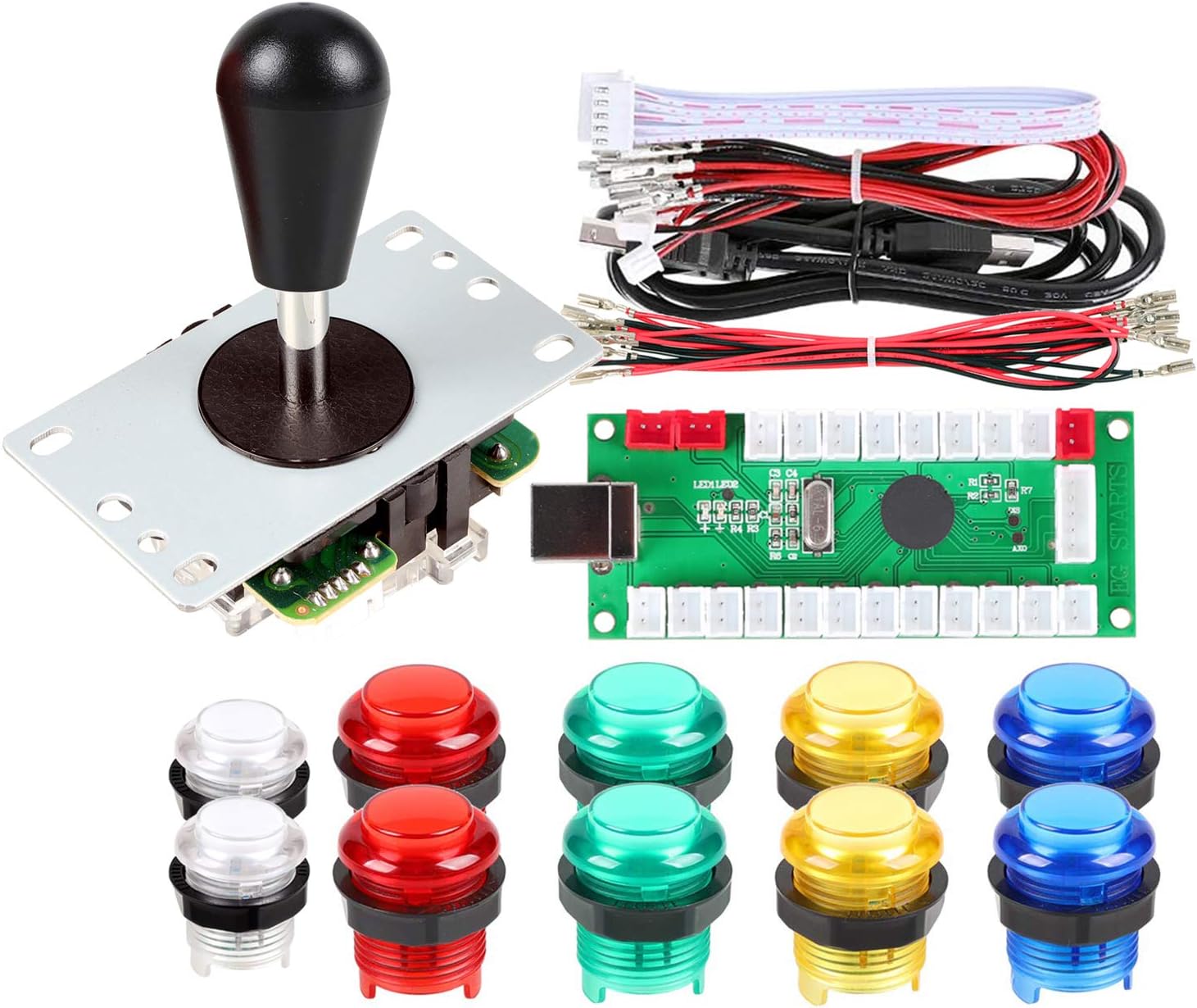 Avisiri 1 Player Arcade Buttons Joystick DIY Kit Parts Include 1x Ellipse Balltop Handle Stick 10x LED Arcade Button 1x USB Encoder Controller for PC MAME Raspberry Pi Windows (Mixed Color Kit)