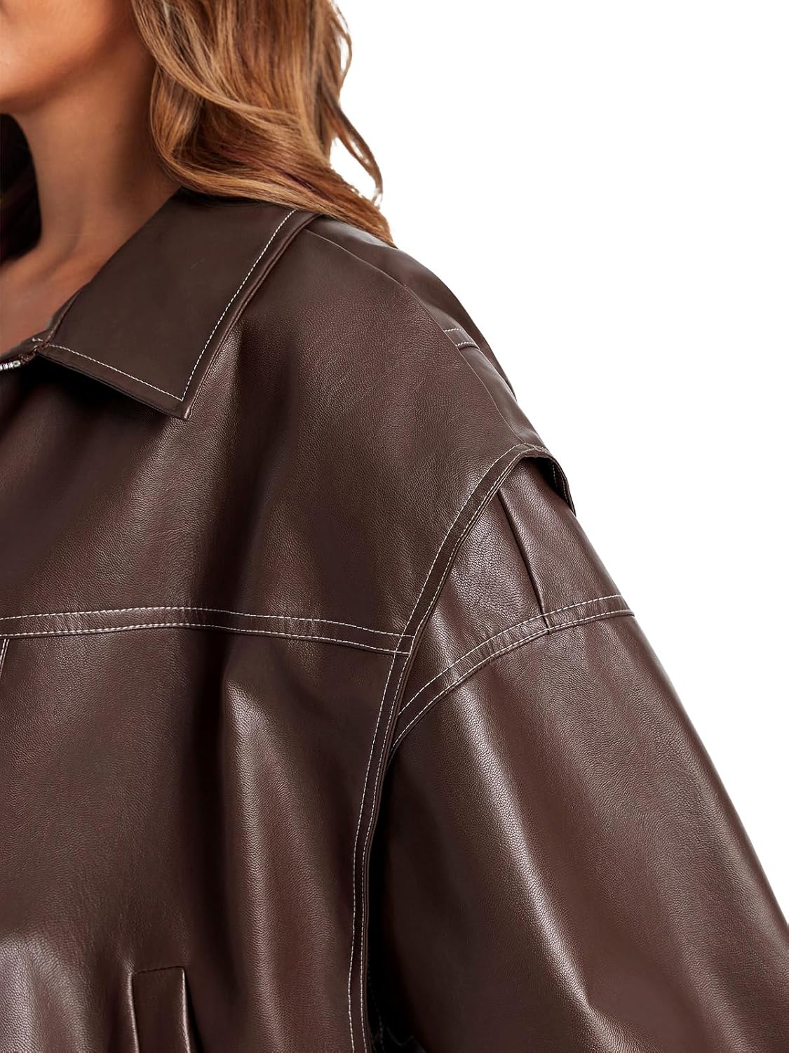 Tankaneo Womens Oversized Leather Bomber Jackets Cap Sleeve Zip Up Motorcycle Coats with Pockets - Image 4