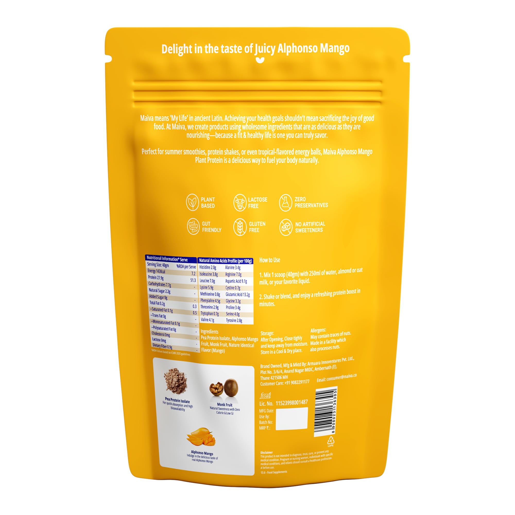 Maiva Pro Plant Protein Powder - 1kg - Alphonso Mango | 28g Protein, Pea Protein Isolate | No Artificial Sweeteners | Easy to Digest, Light on Stomach | No Bloating | Vegan, Lactose Free — Amazon image 2