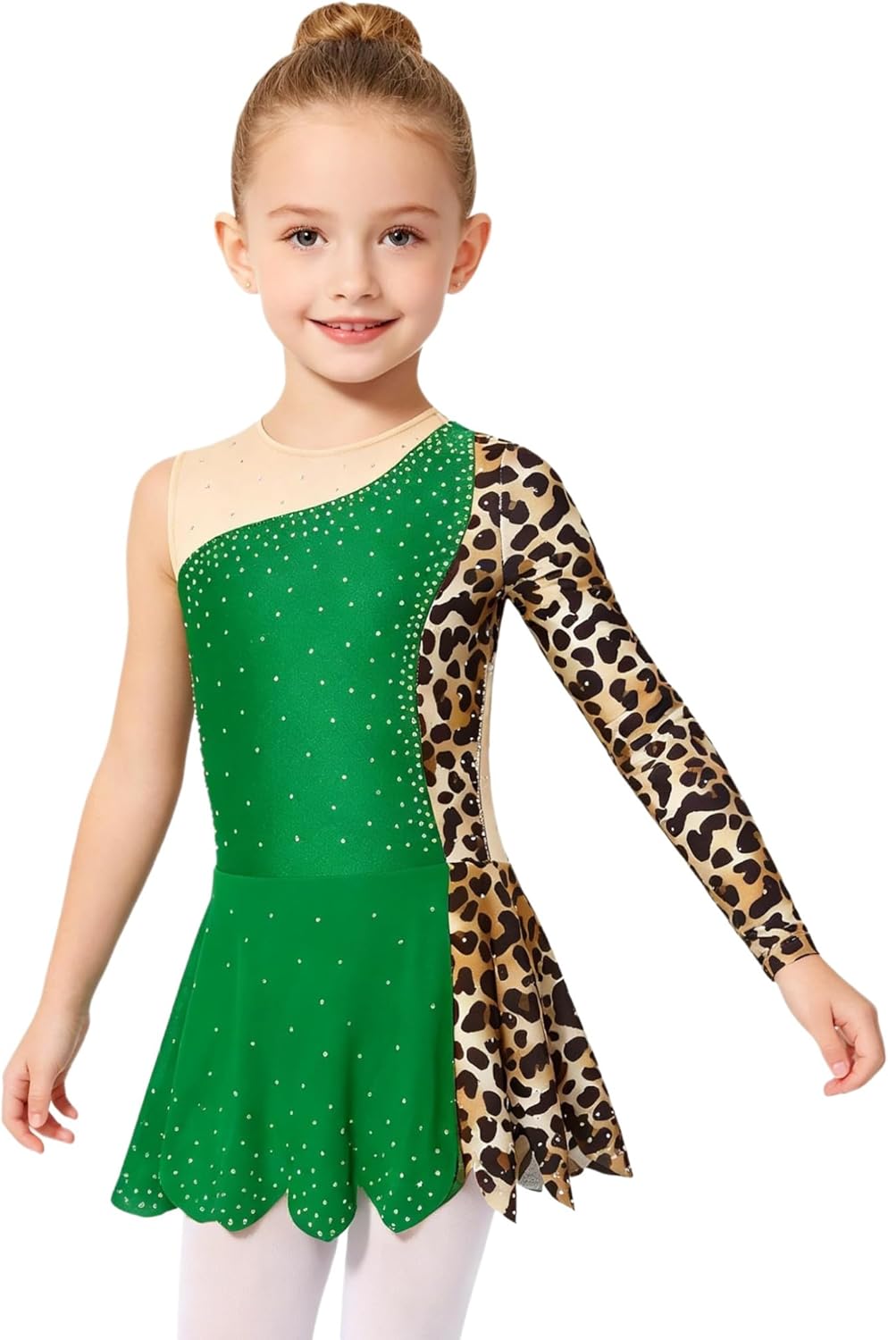 Gymnastics Leotards for Girls Hollow Back Dance Ballet Outfit Leopard Printed Asymmetric Sleeve Dance Unitards